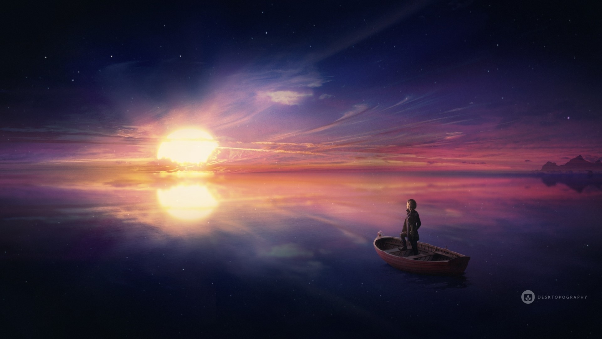 Person in a boat on a reflective ocean at sunset HD Wallpaper