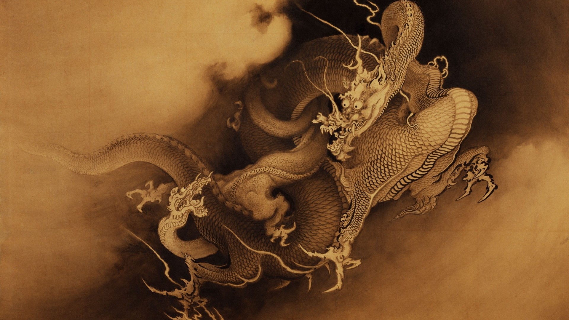 Two Oriental Dragons Fighting in Clouds HD Wallpaper