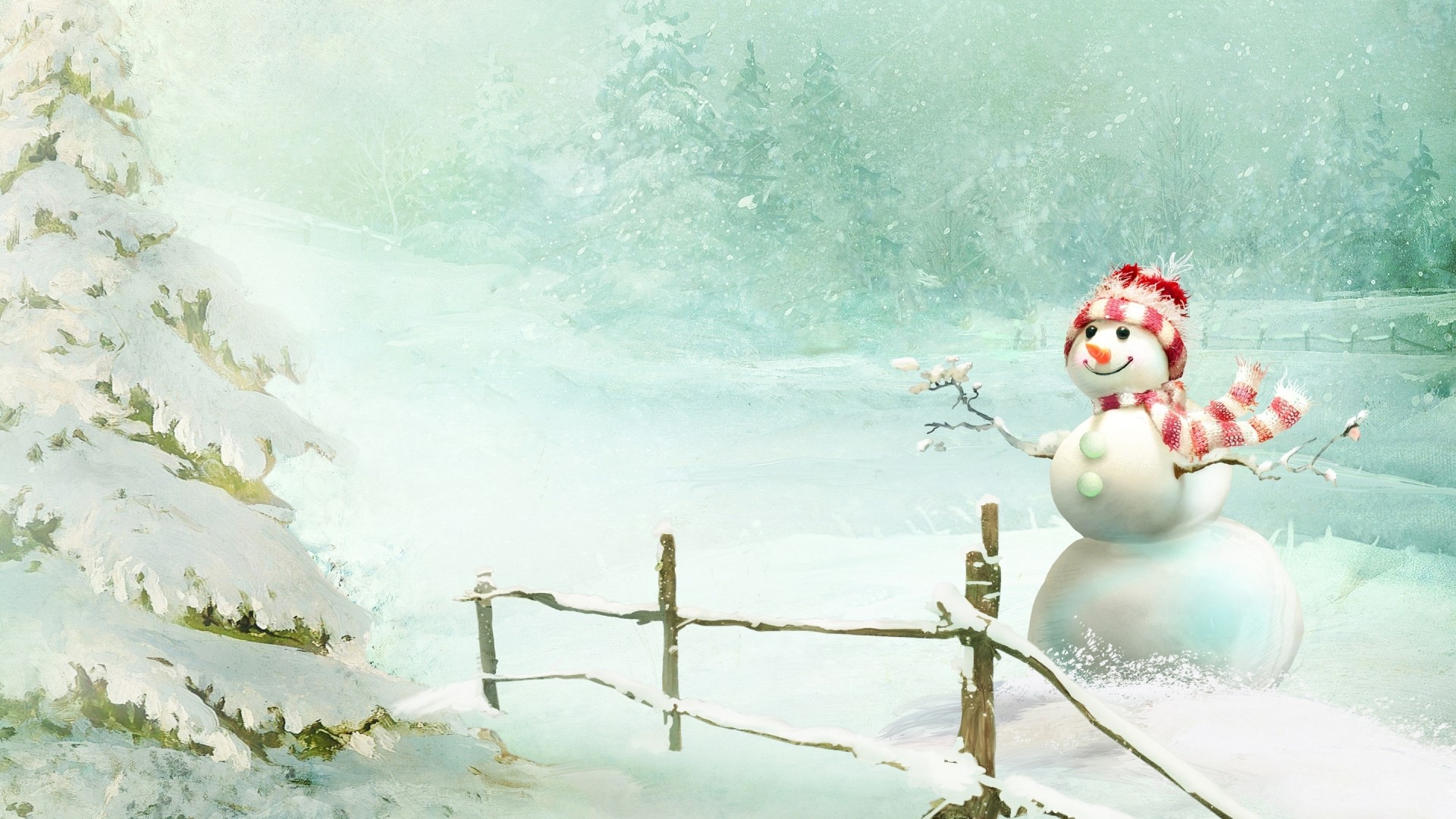 Christmas Snowman in a Snowy Landscape HD Wallpaper