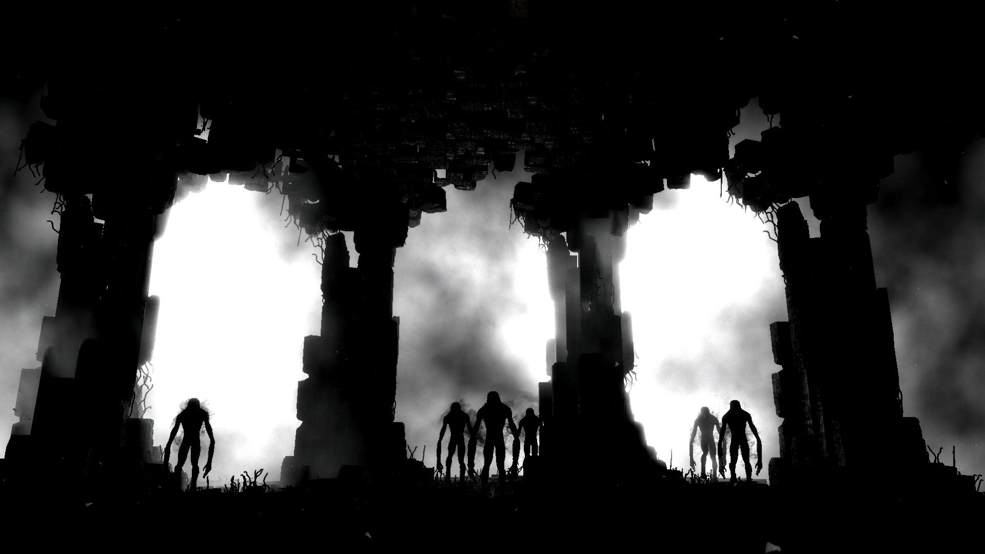 Evil silhouettes in ruined architecture HD Wallpaper