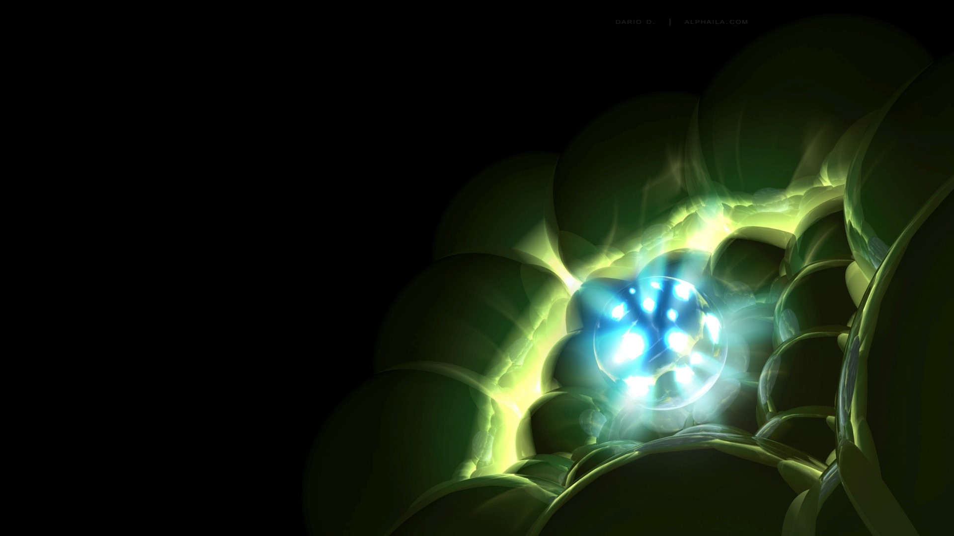 Abstract glowing green spheres with blue light HD Wallpaper