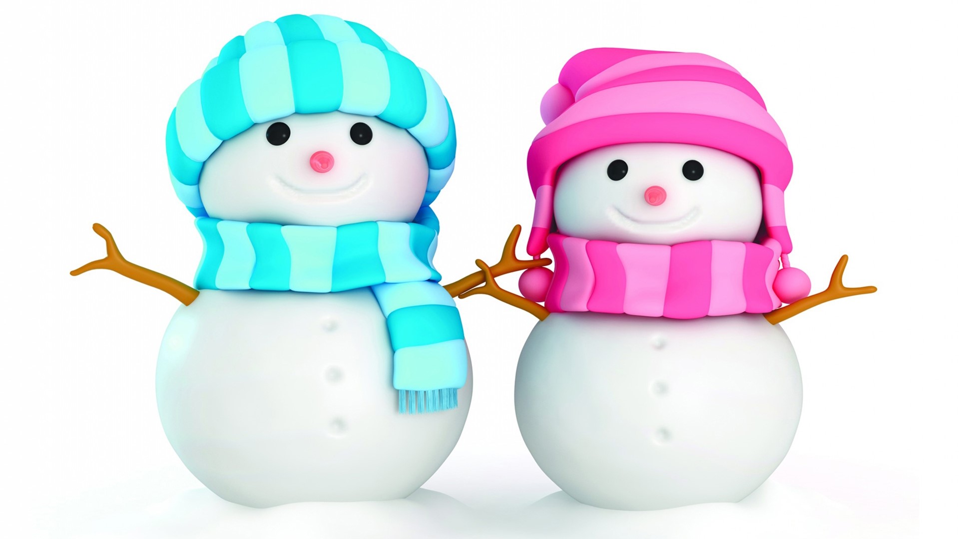 Two cute snowmen with hats and scarves HD Wallpaper