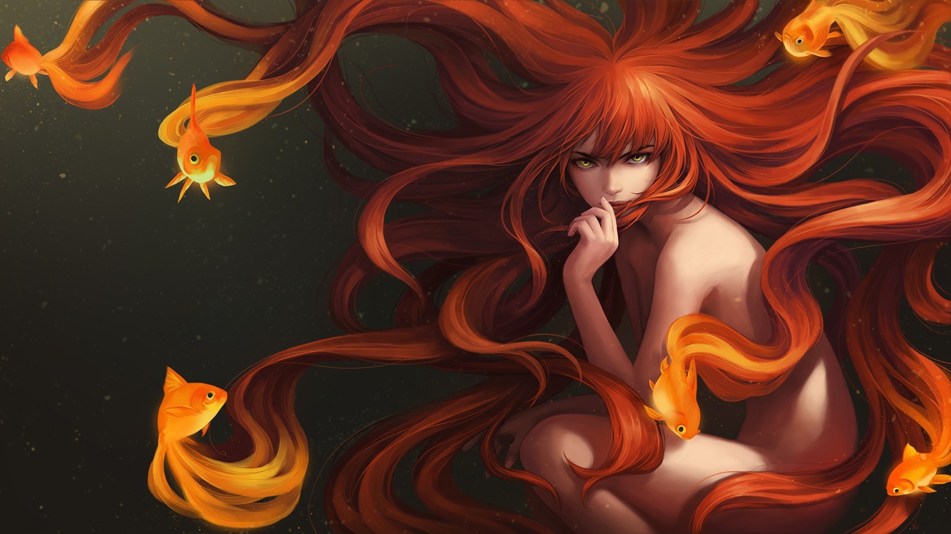Redhead girl with flowing hair and goldfish HD Wallpaper