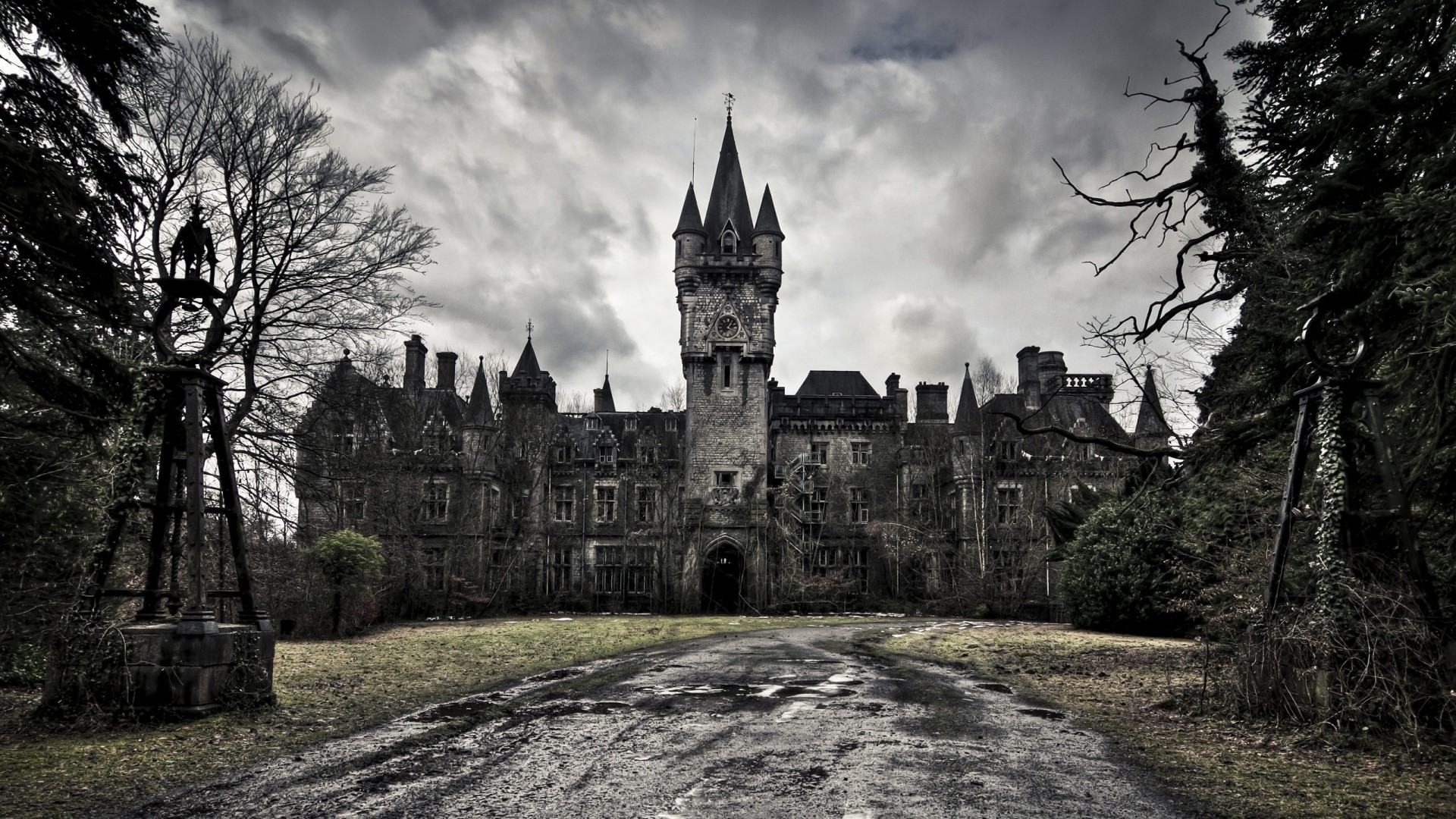 Ghostly old castle with a clock tower HD Wallpaper