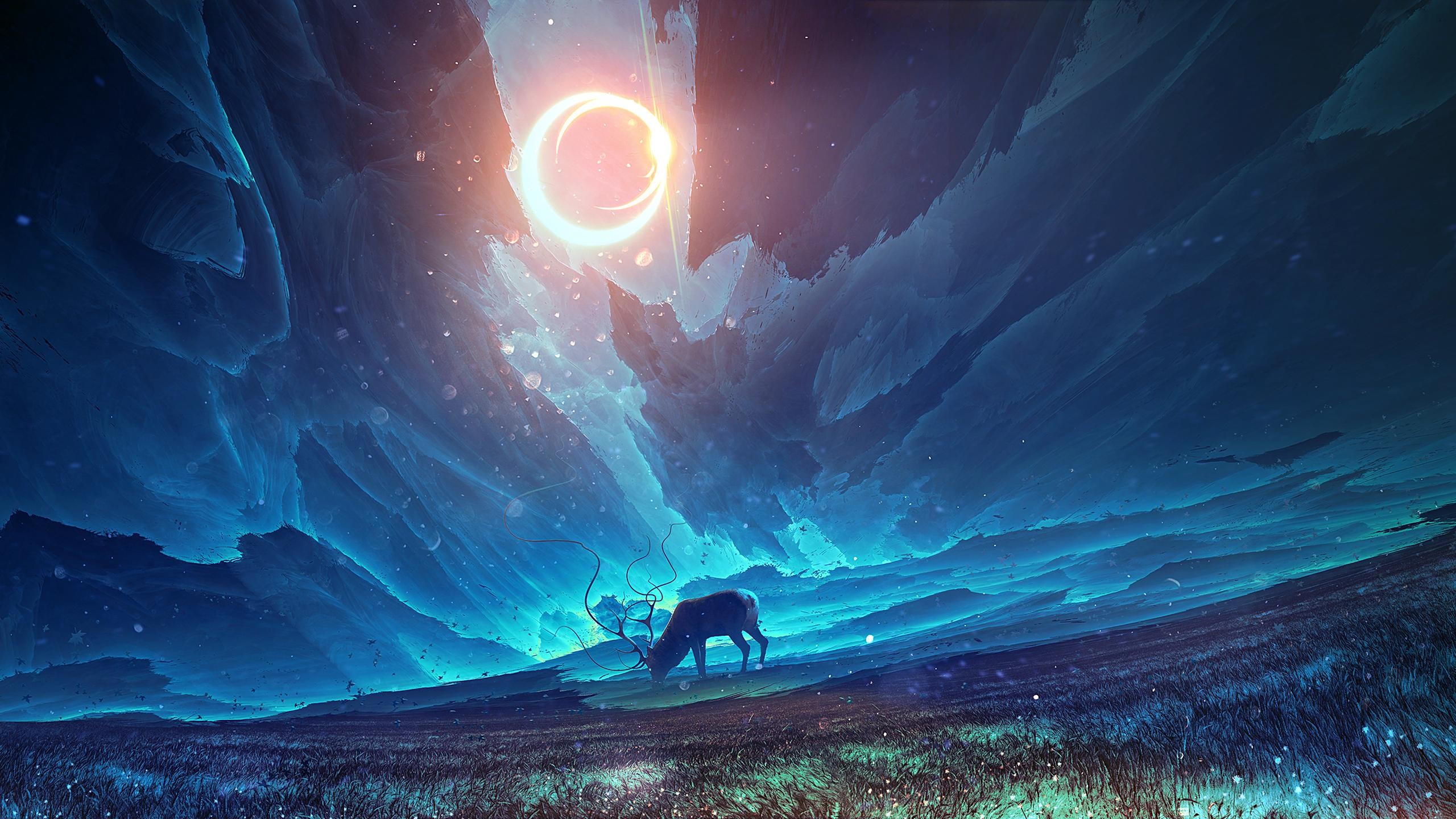 Surreal Artwork of a Deer under a Ringed Celestial Body HD Wallpaper