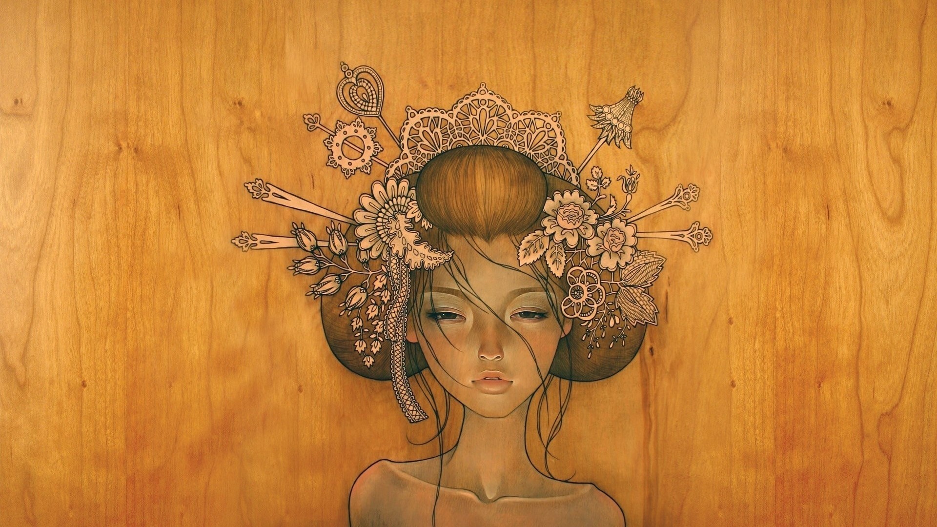 Girl with elaborate headdress on wood grain background HD Wallpaper