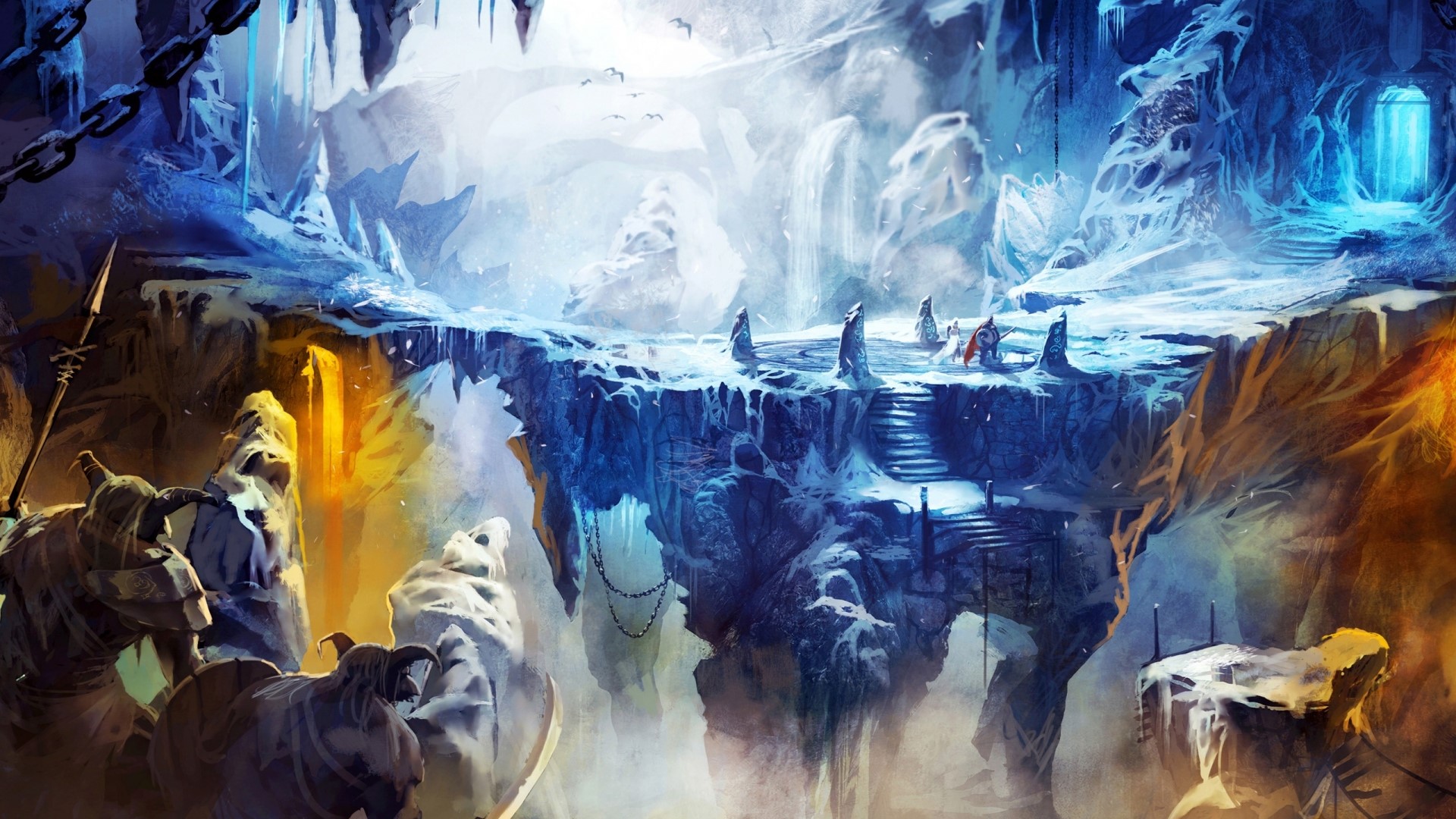 Frozen cave with figures and glowing portal in Trine 2 HD Wallpaper