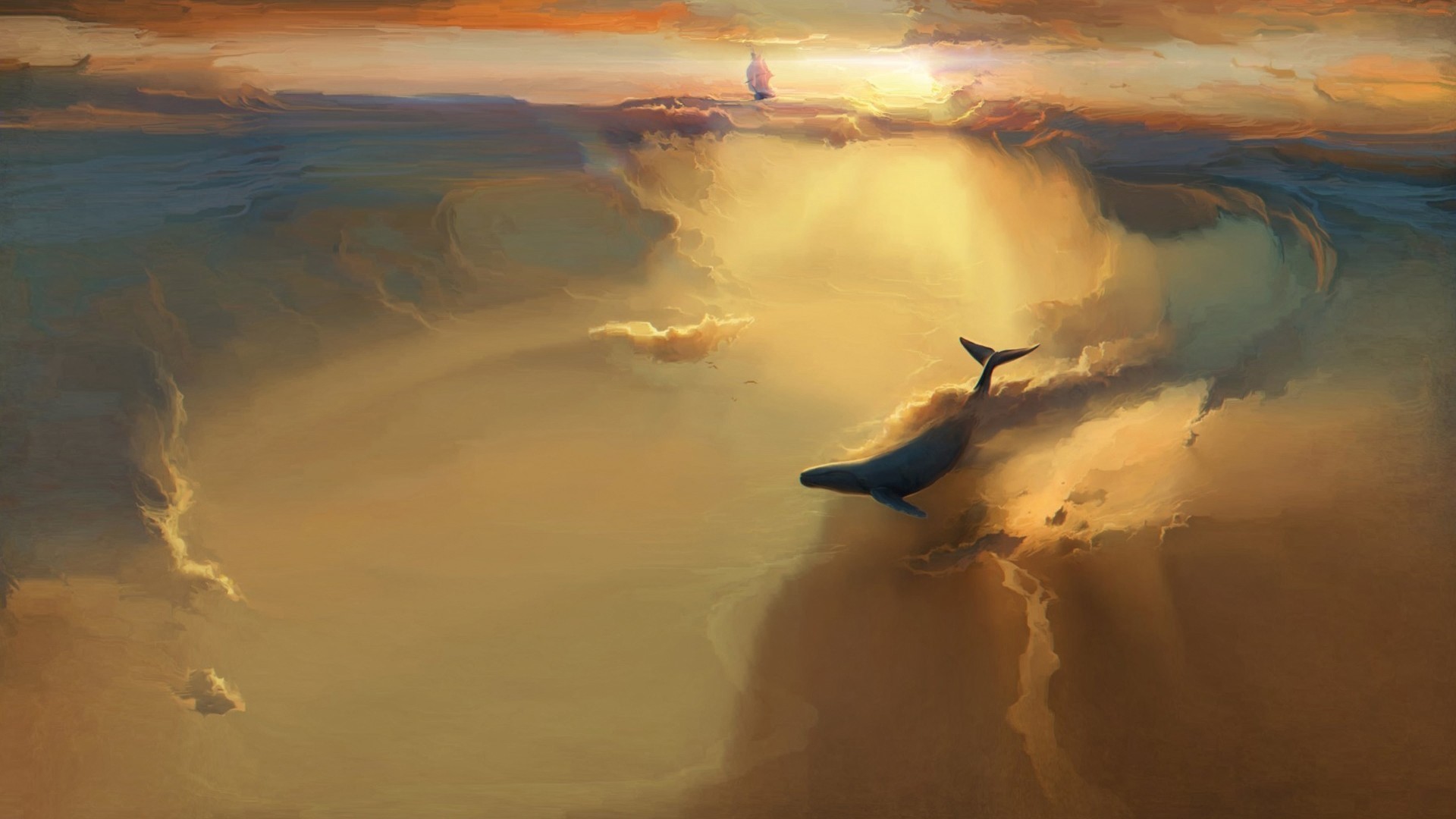 Whale and ship in a surreal sky HD Wallpaper