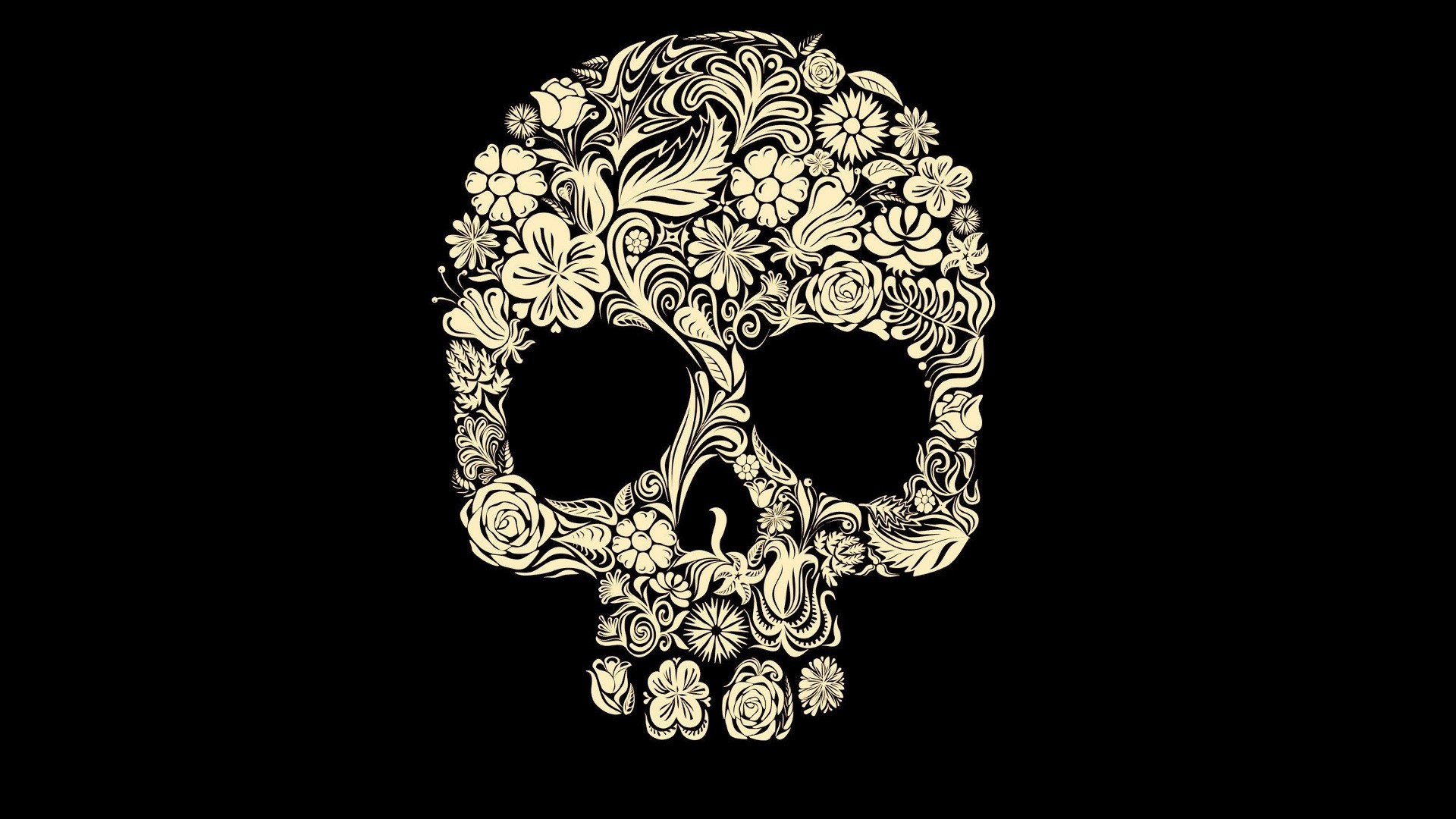 Floral Skull Design on Black Background HD Wallpaper