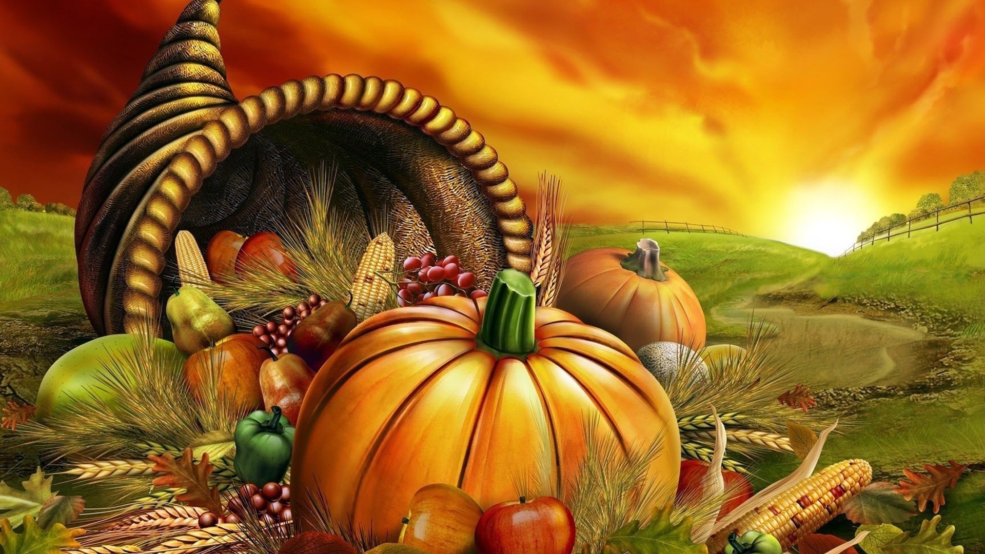 Cornucopia of Fall Harvest Fruits and Vegetables HD Wallpaper