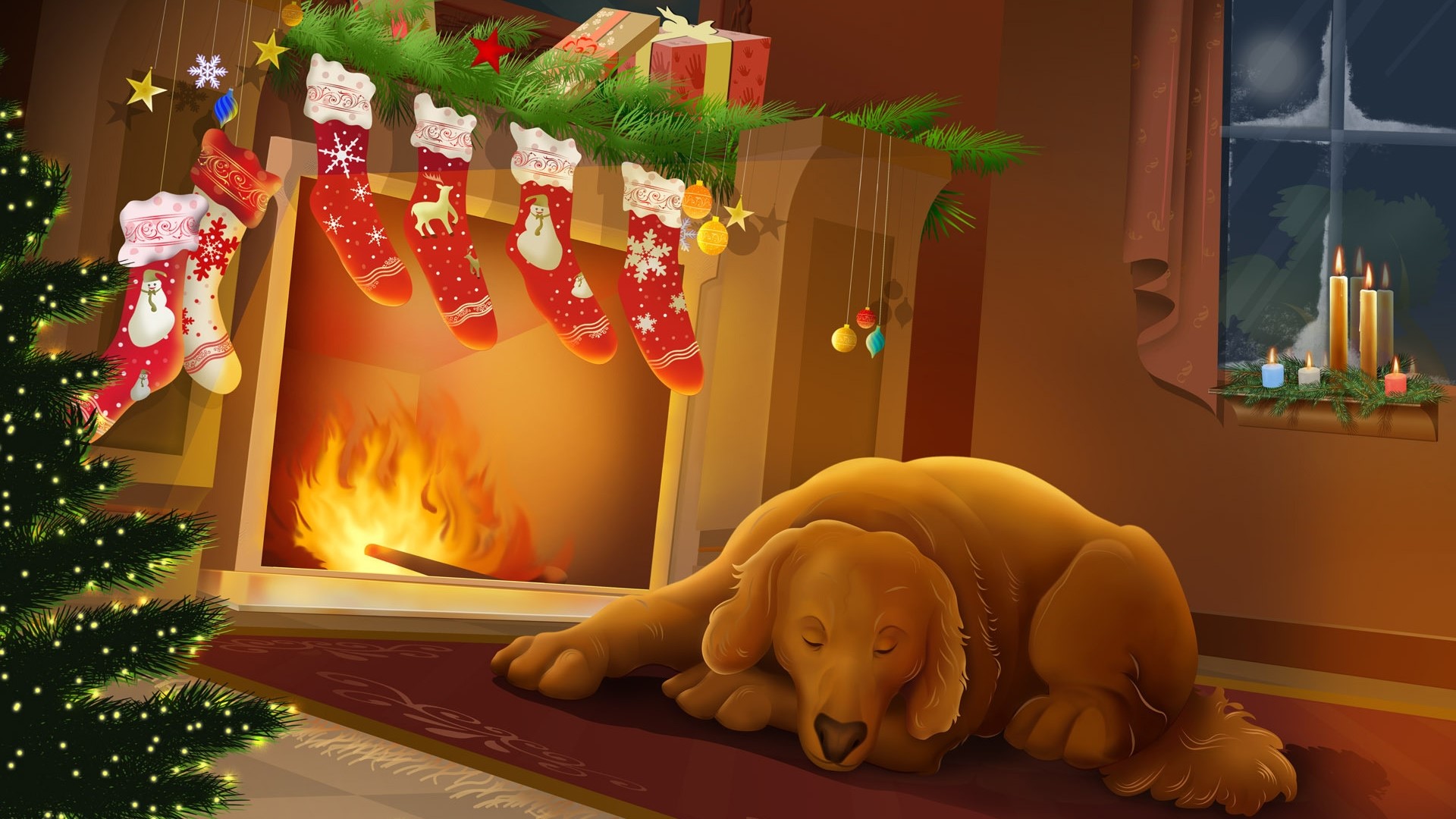 Dog sleeping by fireplace with Christmas decorations HD Wallpaper