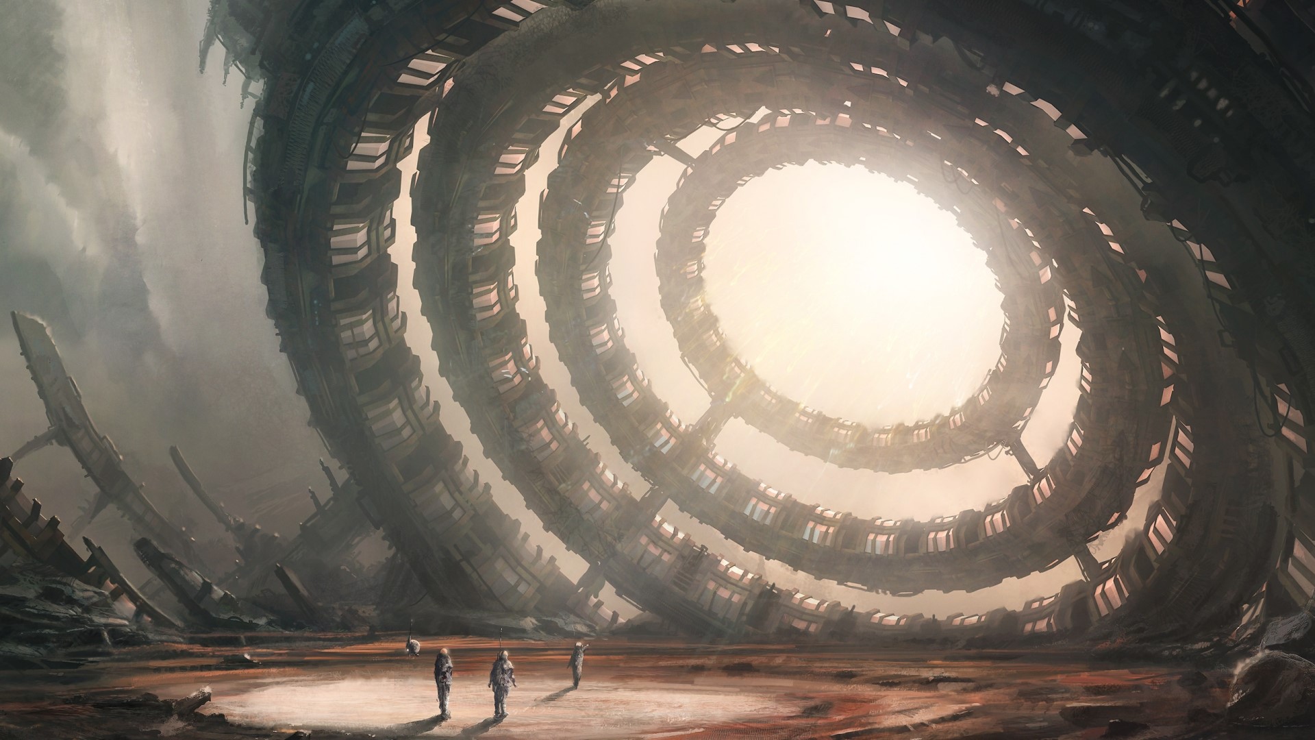 Sci-fi landscape with ancient alien structure and astronauts HD Wallpaper