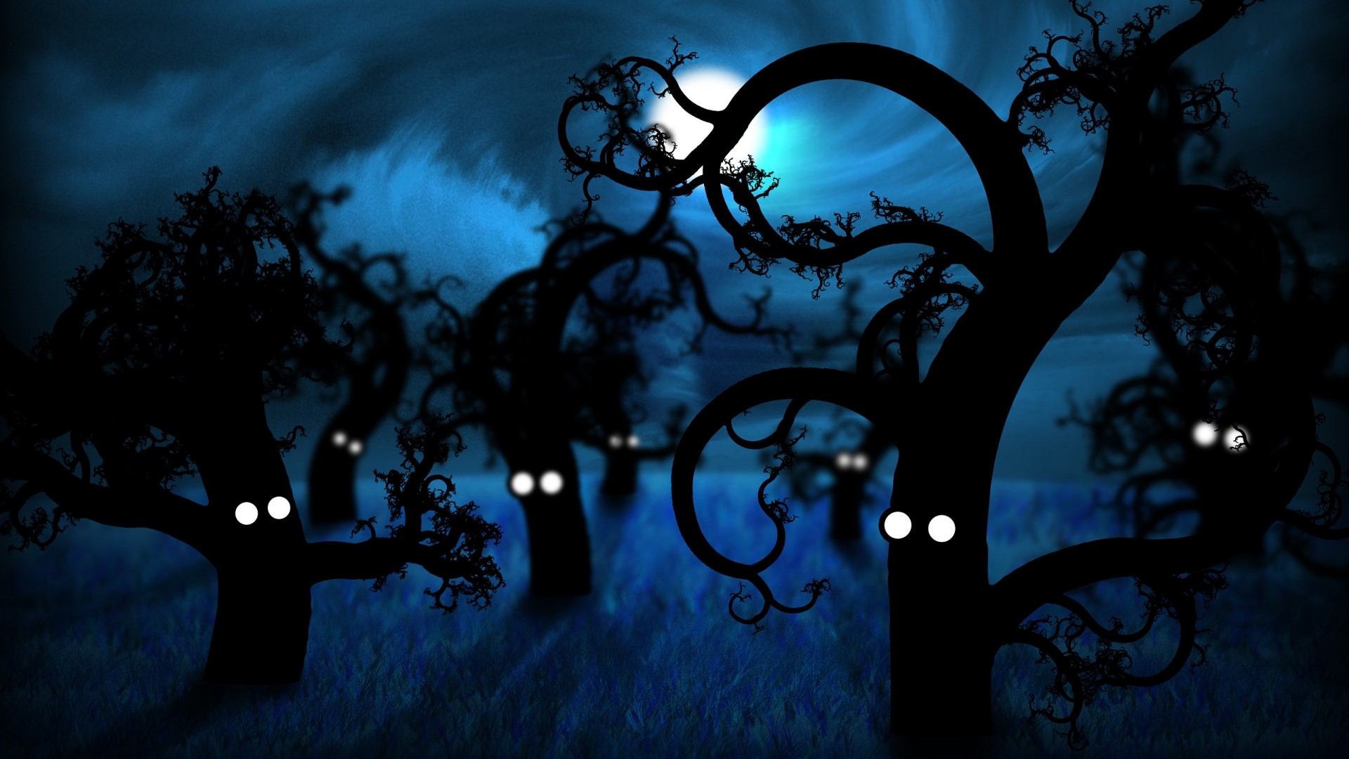 Spooky forest with glowing eyes at midnight HD Wallpaper