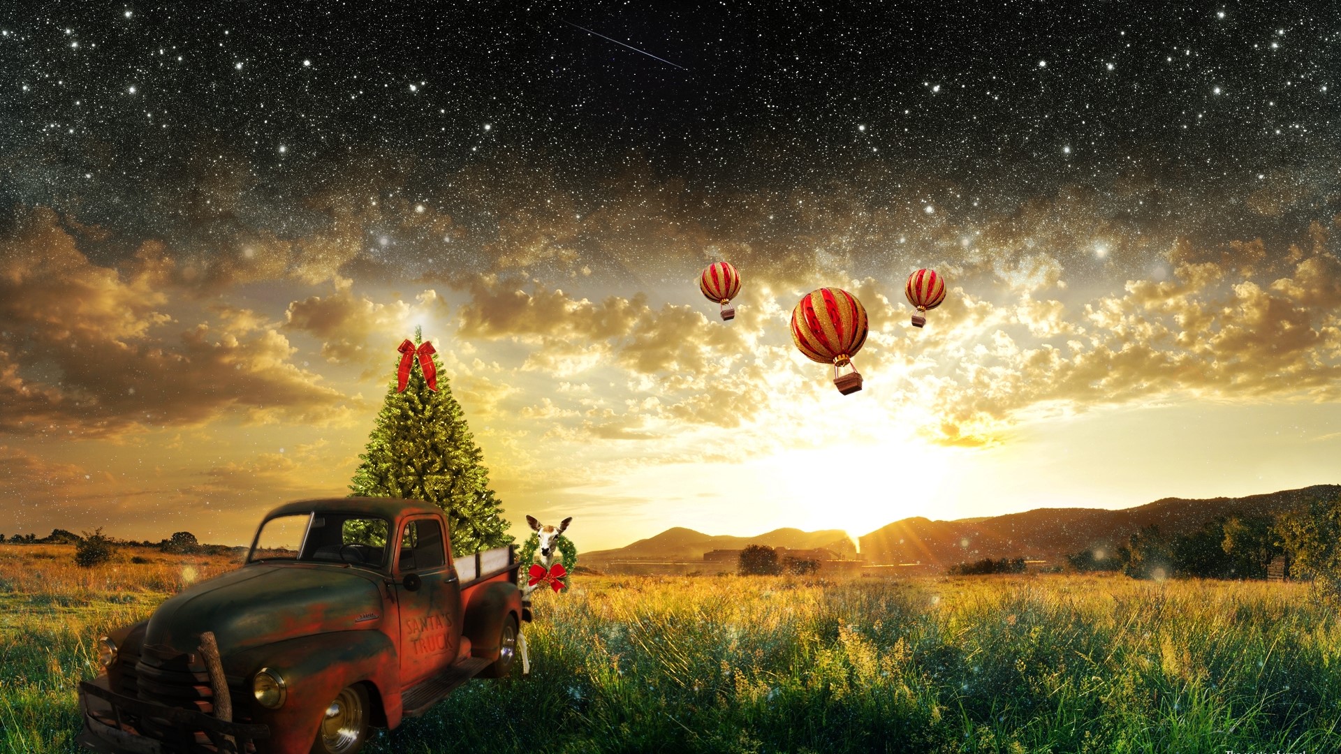 Christmas Tree and Hot Air Balloons at Sunset HD Wallpaper