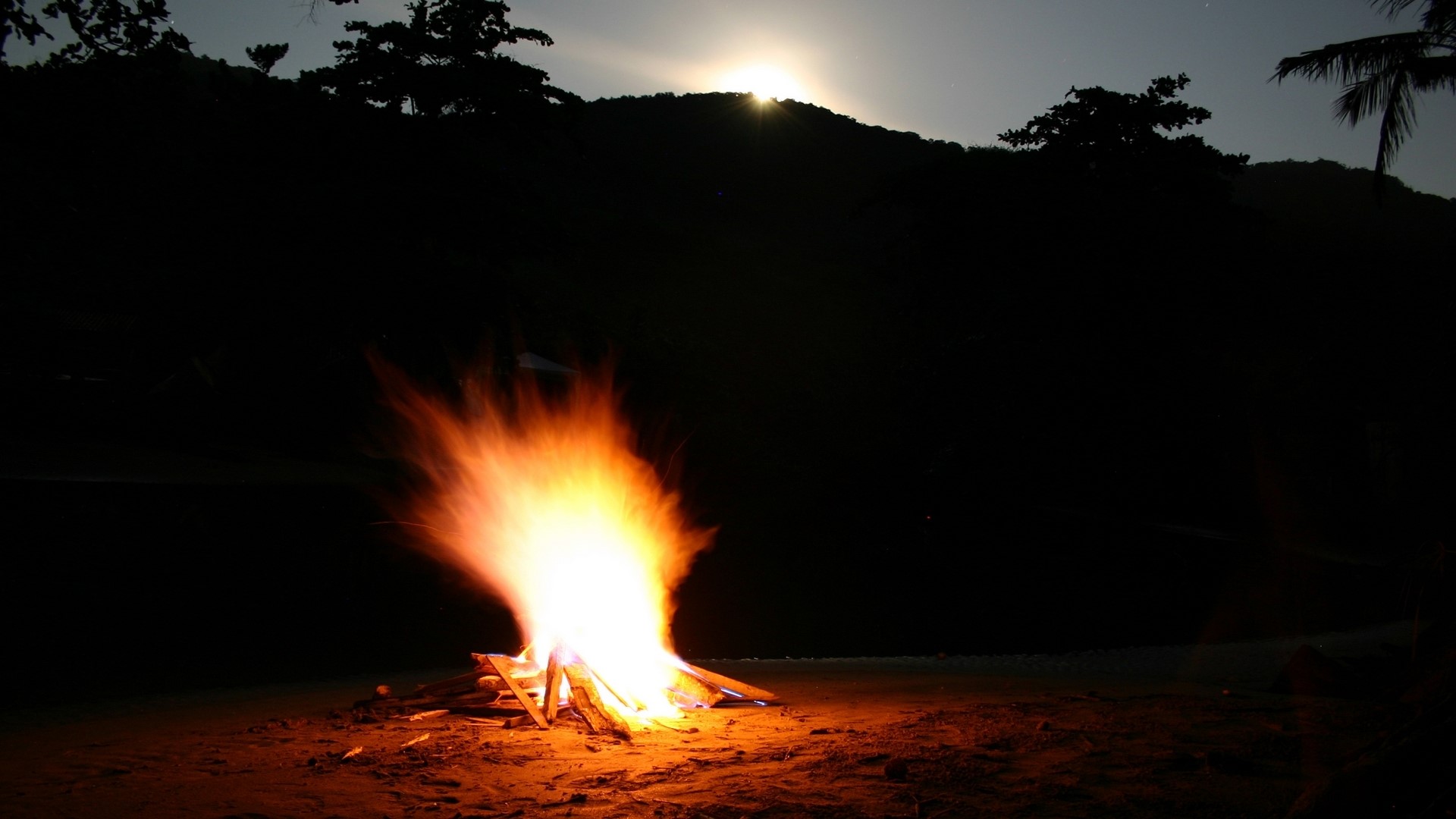 Campfire on a beach at night with moon HD Wallpaper