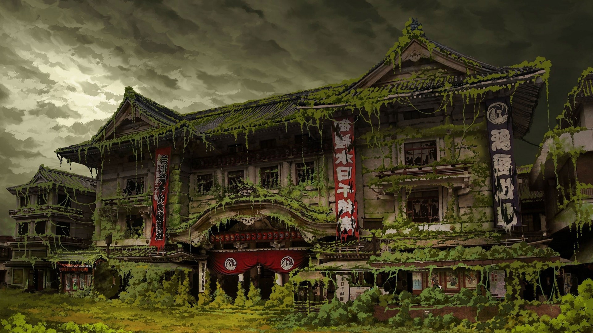 Abandoned Japanese building overgrown with moss HD Wallpaper