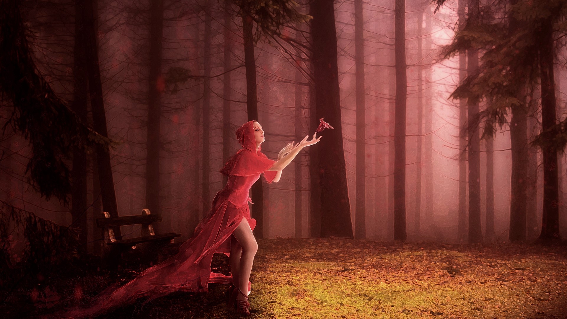 Woman in red dress in a foggy forest HD Wallpaper