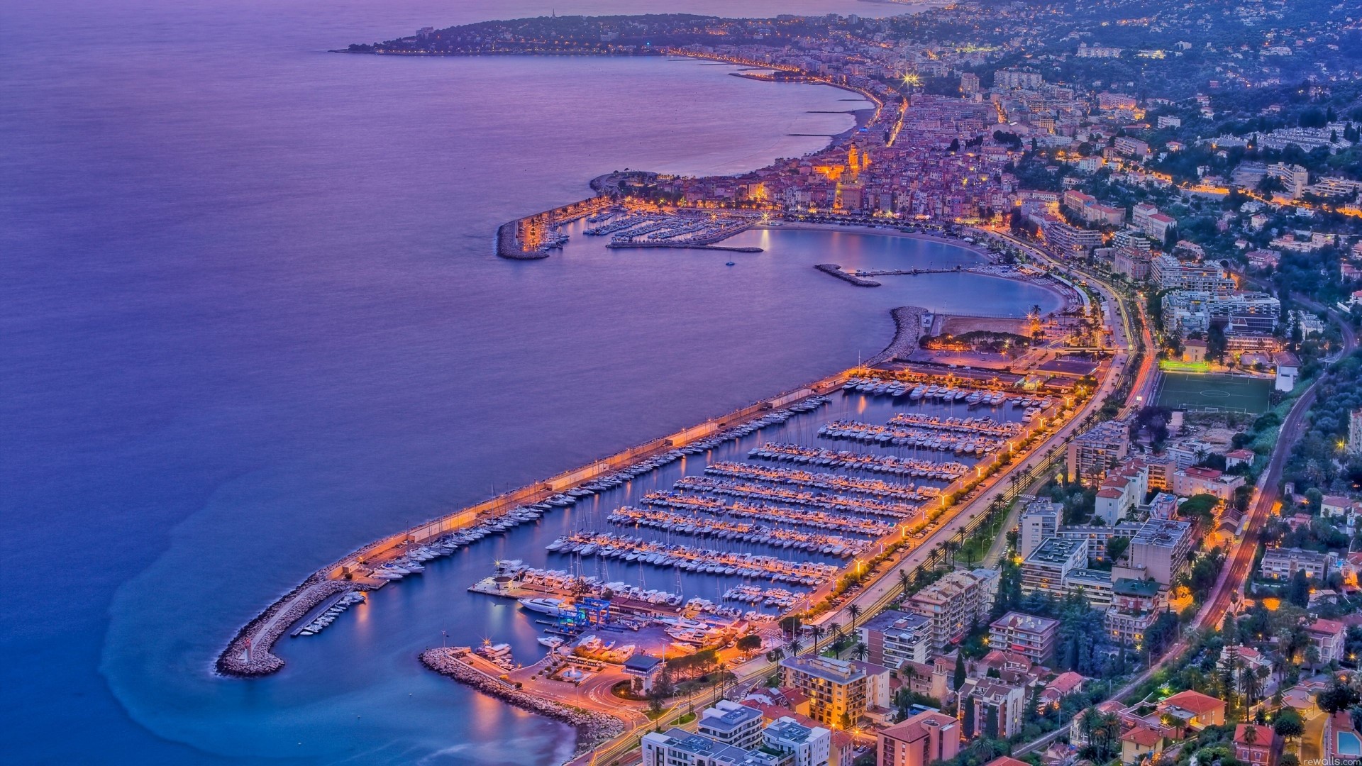 Aerial View of Menton, France Coastline at Dusk HD Wallpaper