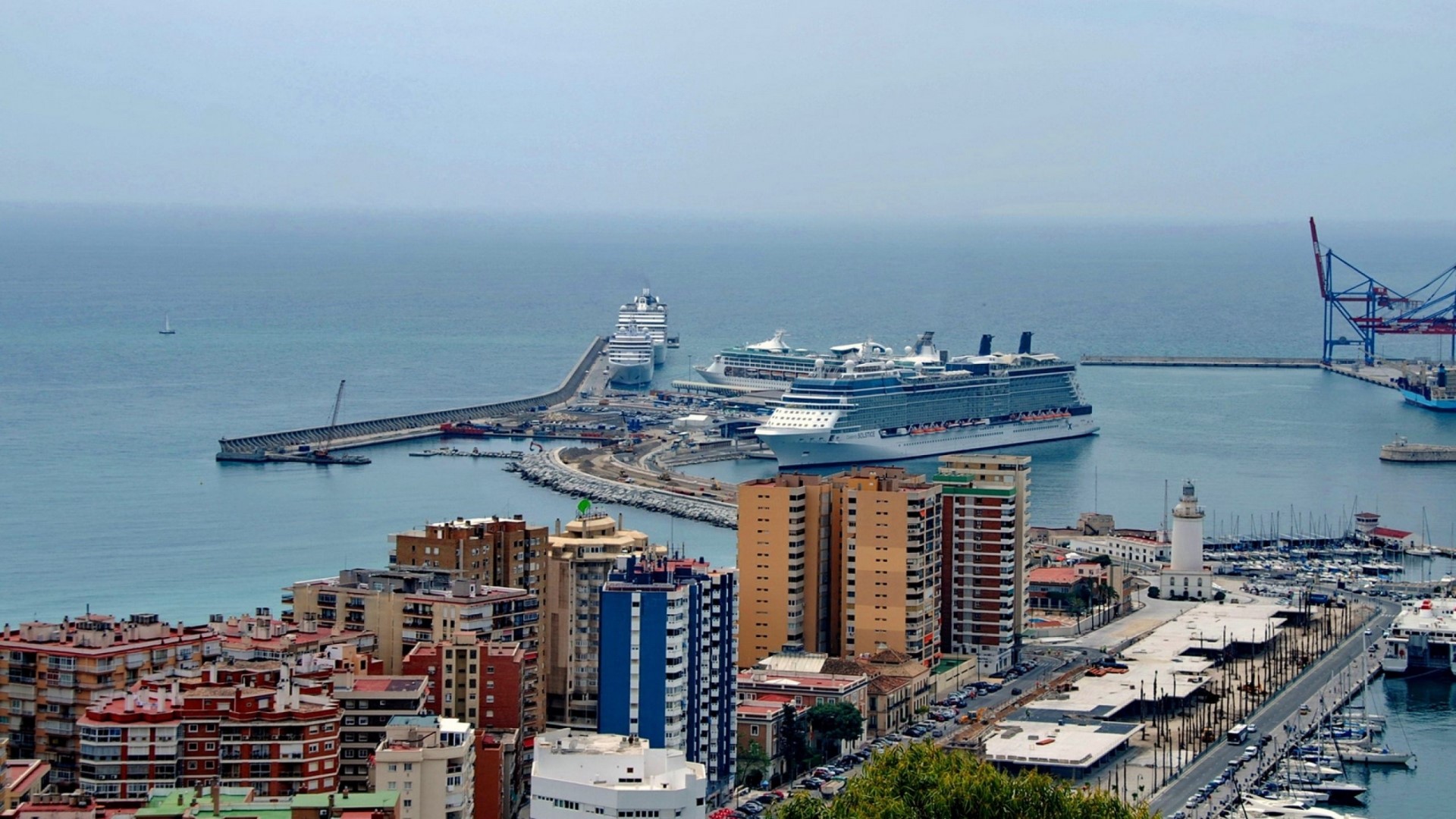 Malaga, Spain Cityscape with Cruise Ships and Harbor HD Wallpaper