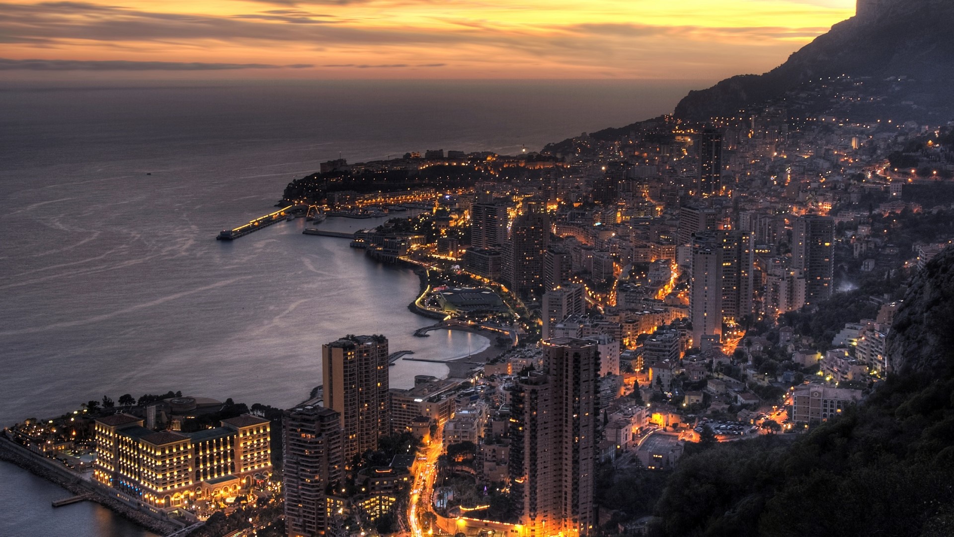 Monaco cityscape at twilight overlooking the sea HD Wallpaper