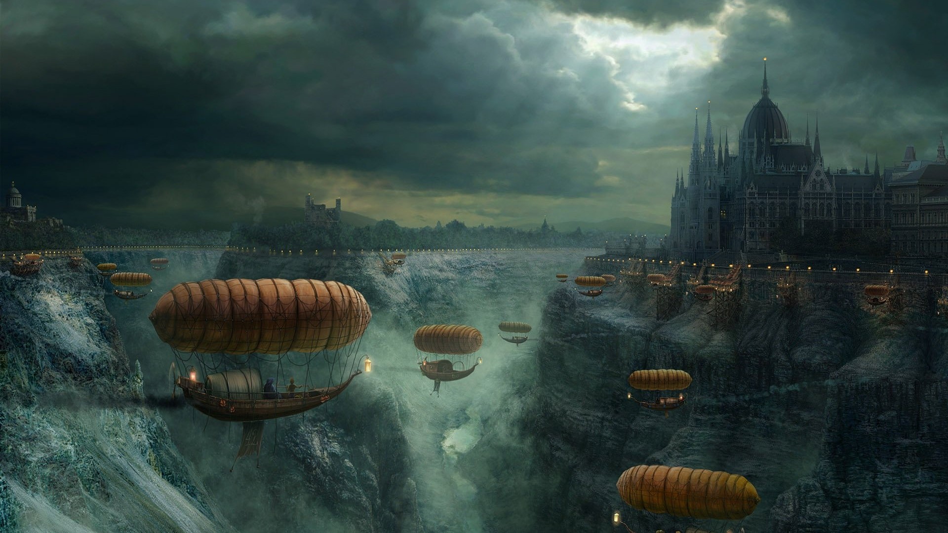 Steampunk airships over a canyon city HD Wallpaper