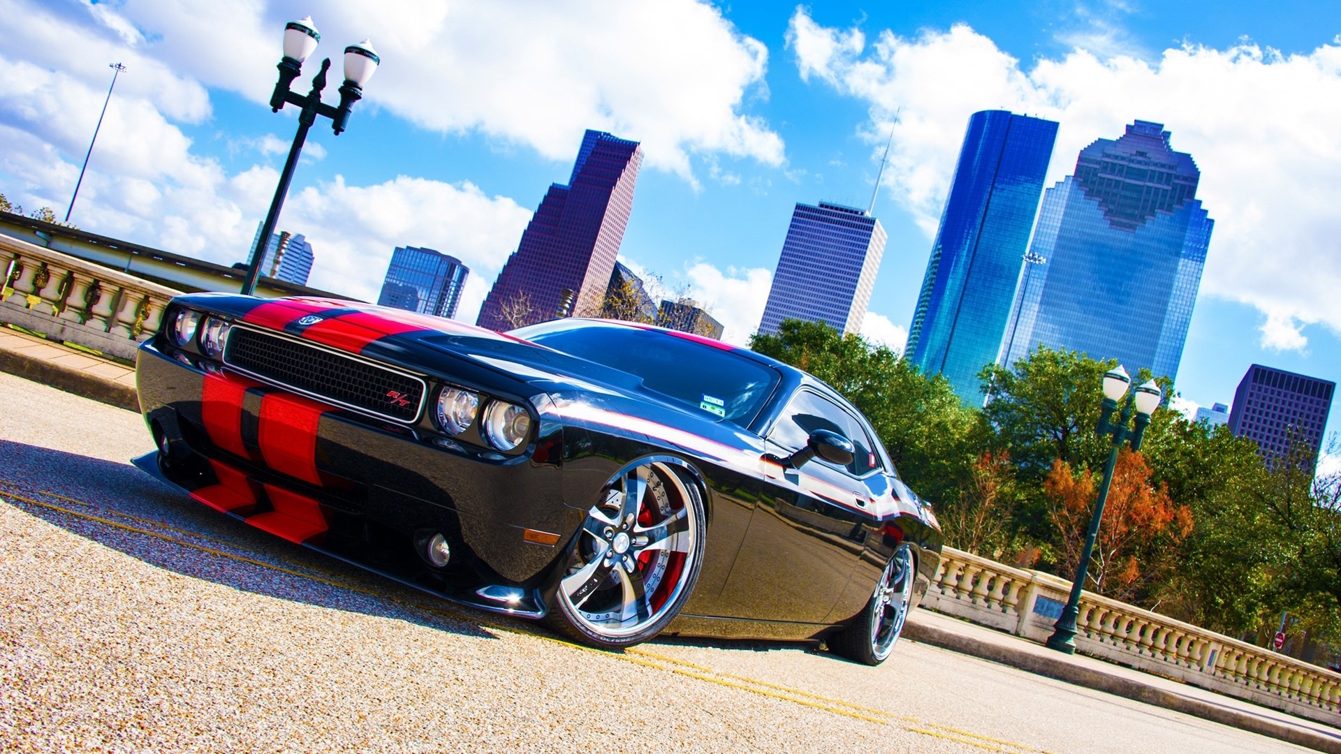 Black and Red Dodge Challenger with City Skyline HD Wallpaper