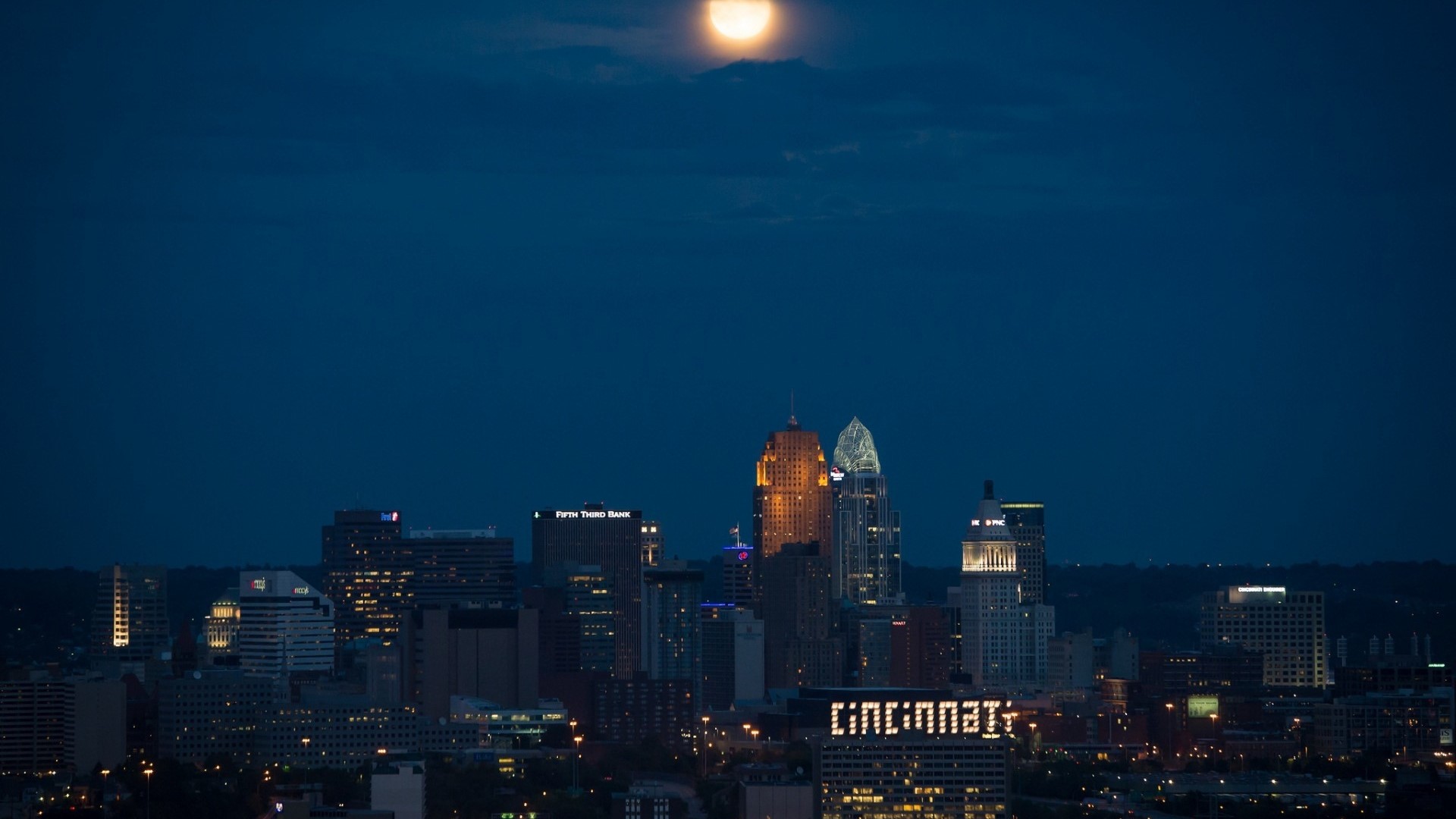 Moon Over Cincinnati Skyline at Night HD Wallpaper