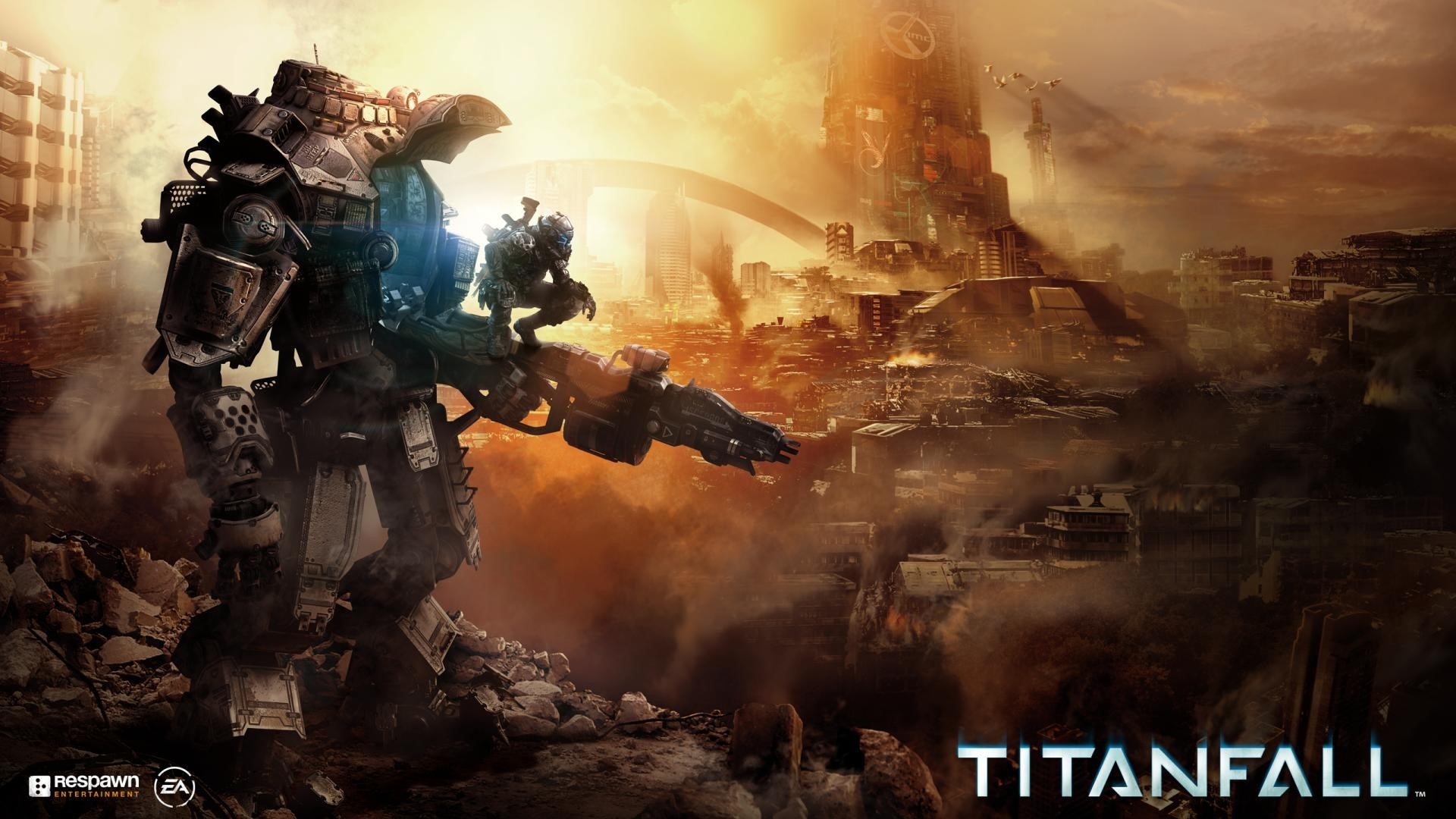 Titanfall 2 robot and pilot in a destroyed city HD Wallpaper