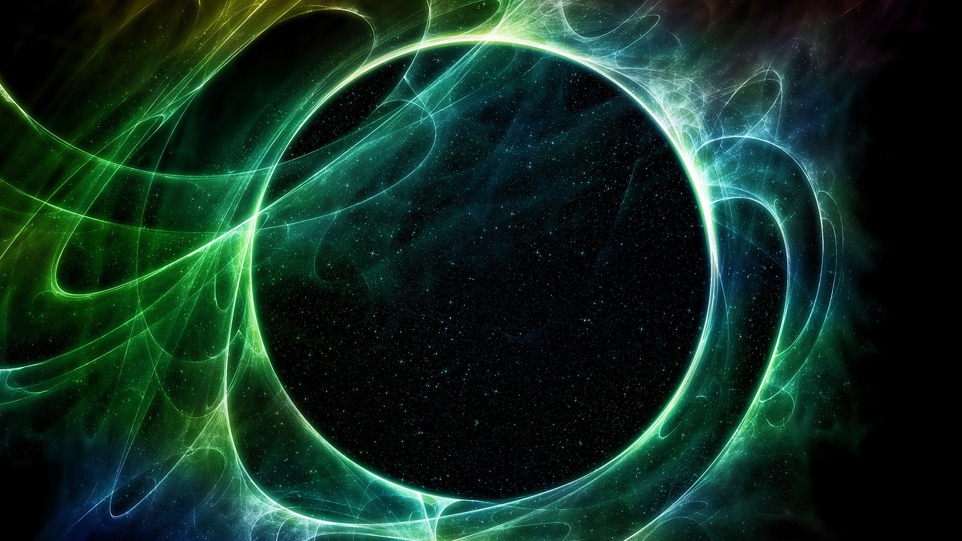 Green and blue galaxy aurora with black circle HD Wallpaper
