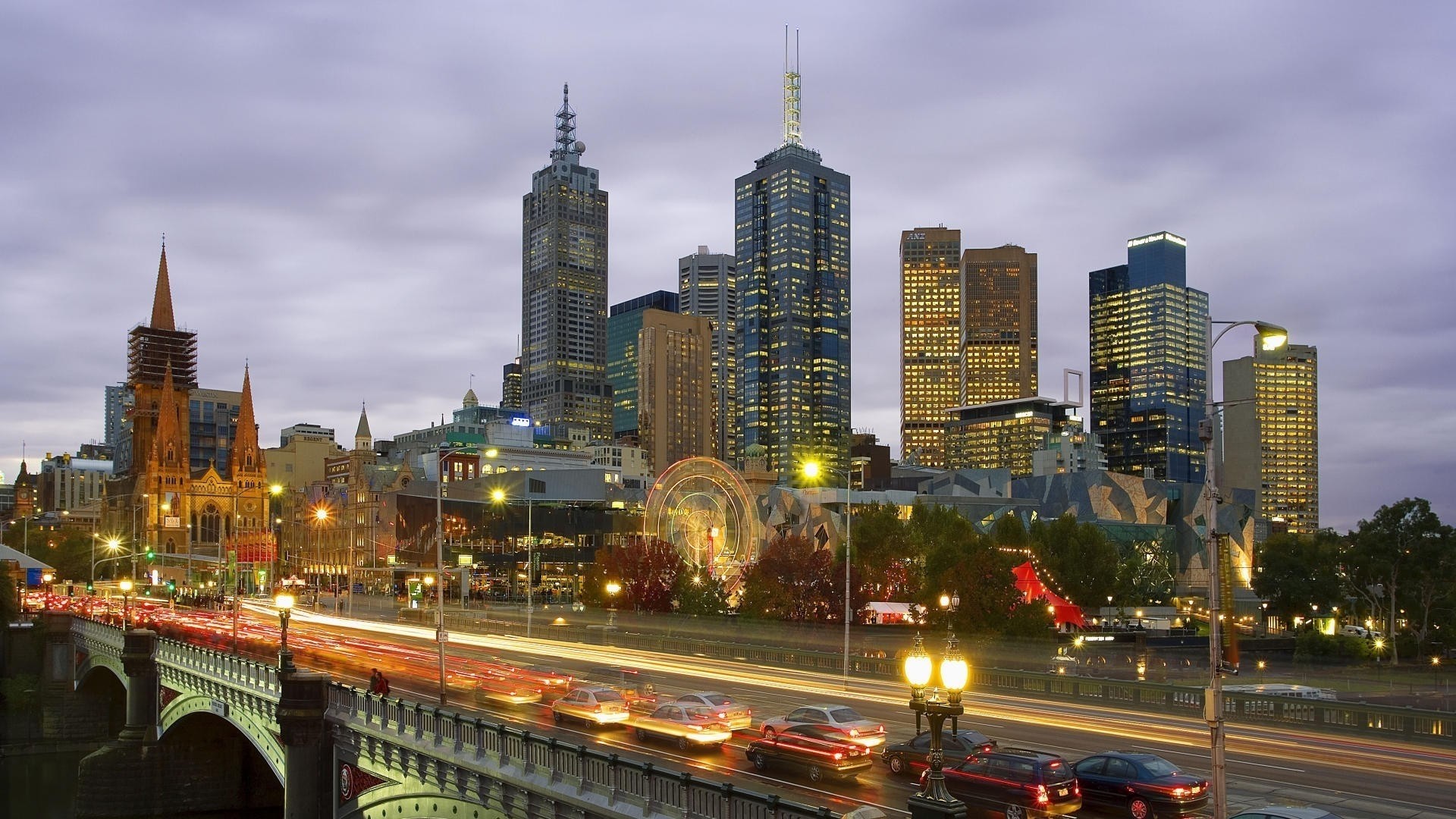 Melbourne cityscape with long exposure traffic at dusk HD Wallpaper