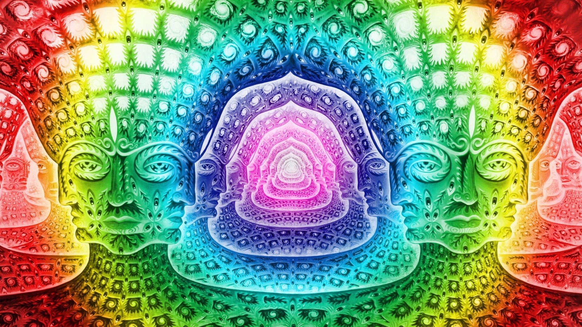 Psychedelic fractal art with repeating faces and eyes HD Wallpaper