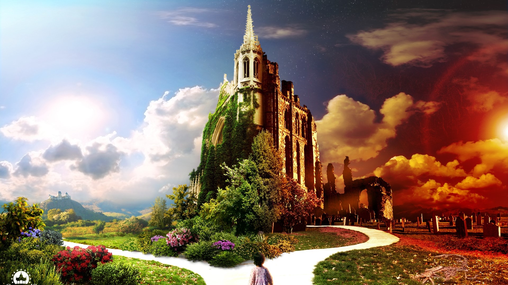A child chooses a path between a heavenly and hellish landscape HD Wallpaper
