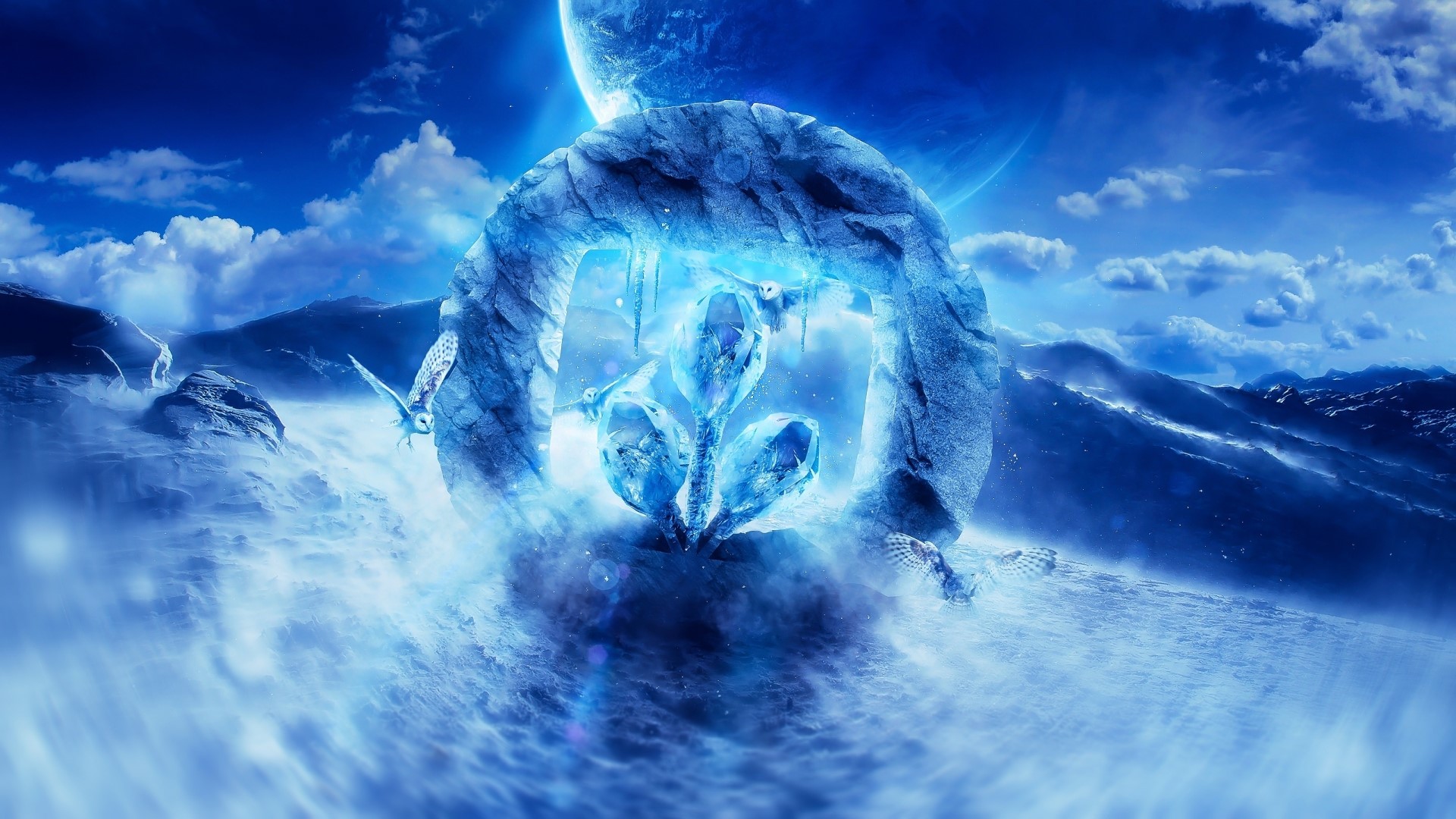 Owl and ice portal on alien planet HD Wallpaper