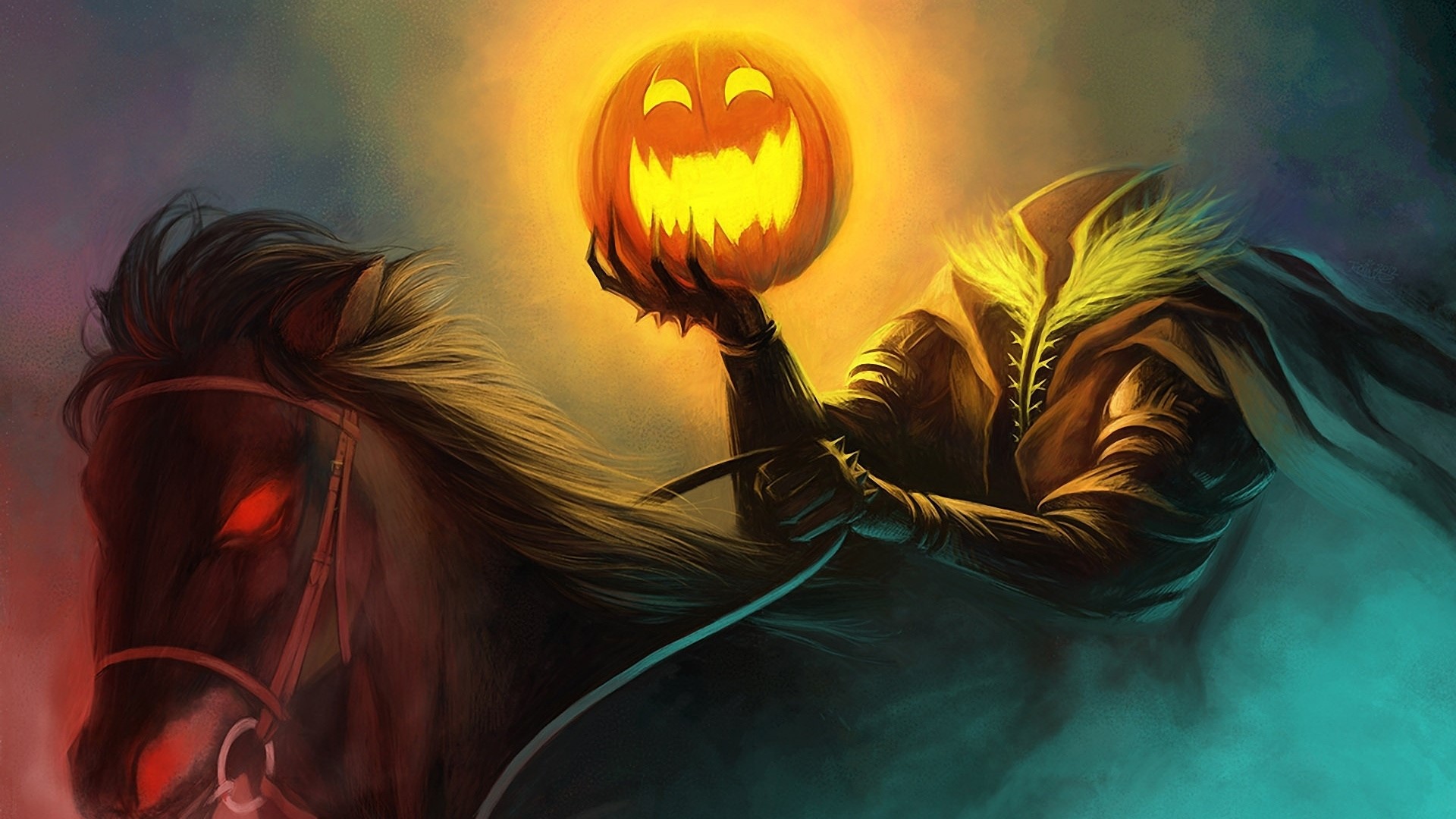 Headless Horseman holding a Jack-o'-lantern on a horse HD Wallpaper