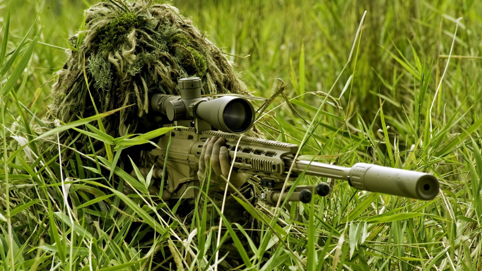 Military sniper in ghillie suit with rifle HD Wallpaper