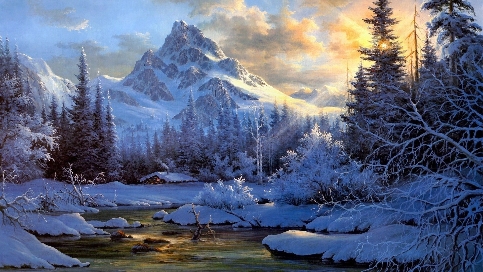 Snowy Mountain Landscape with River and Cabin HD Wallpaper