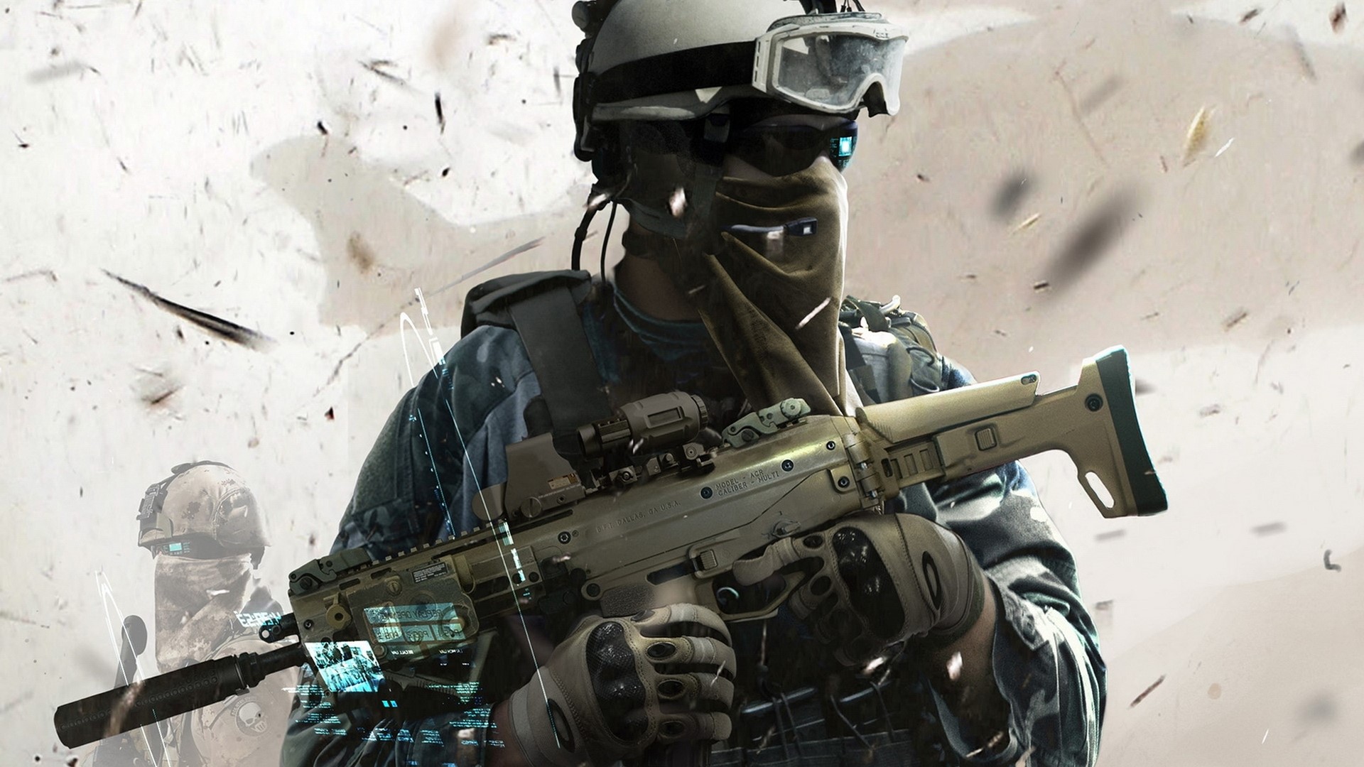 Soldier with rifle in desert environment HD Wallpaper
