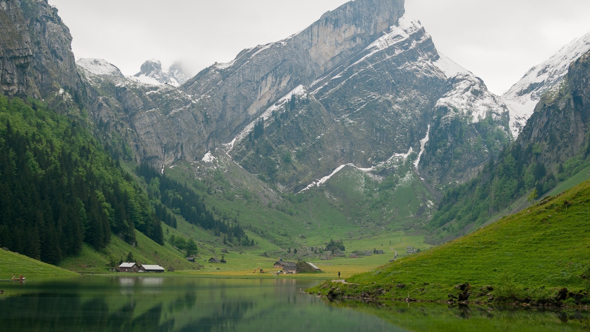 Switzerland Mountains Lake and Houses HD Wallpaper