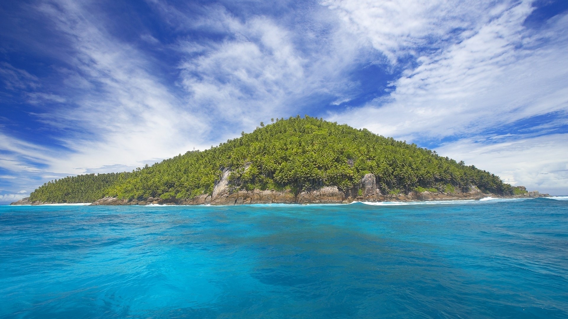 Tropical island with lush green trees and blue ocean HD Wallpaper