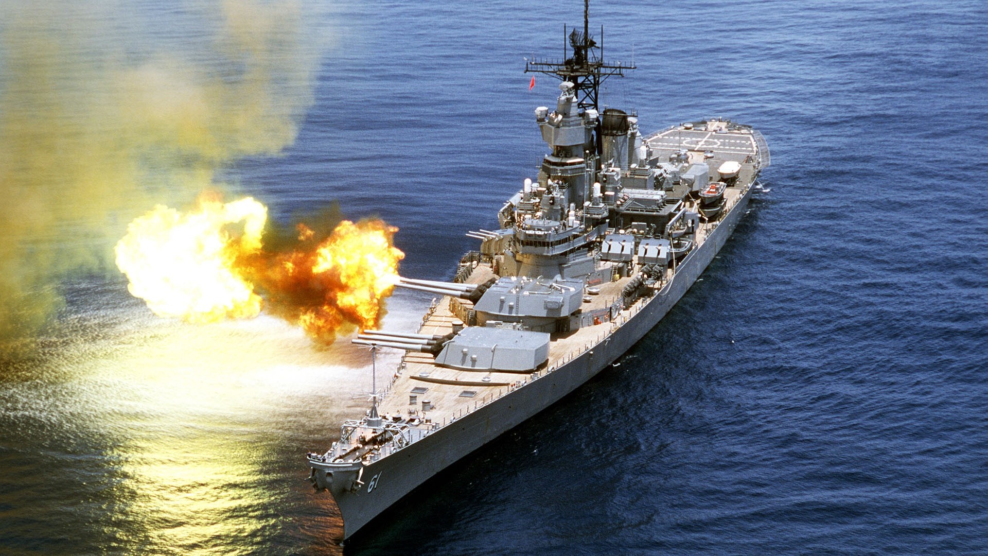 USS Iowa battleship firing its main guns HD Wallpaper