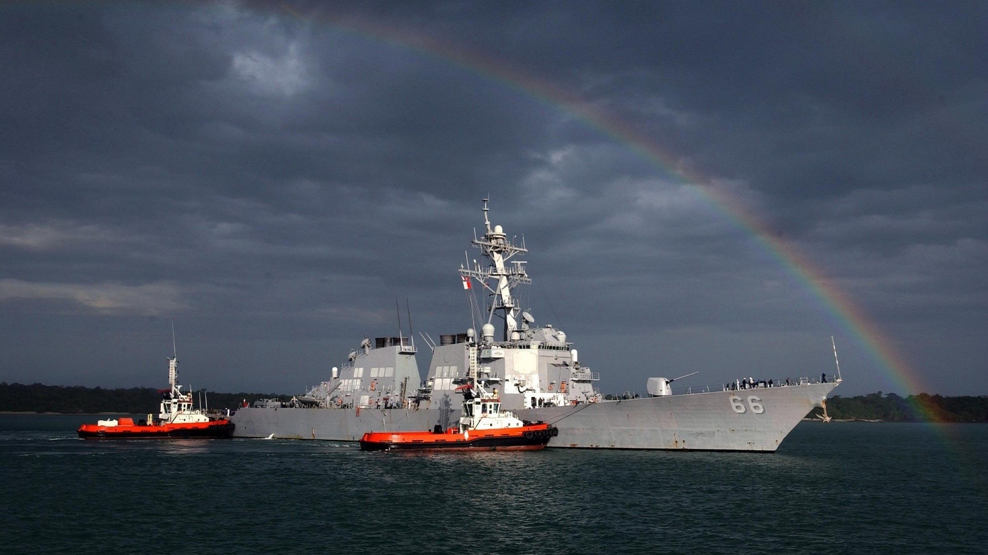 US Navy Destroyer USS Gridley (DDG-66) with tugboats under rainbow HD Wallpaper