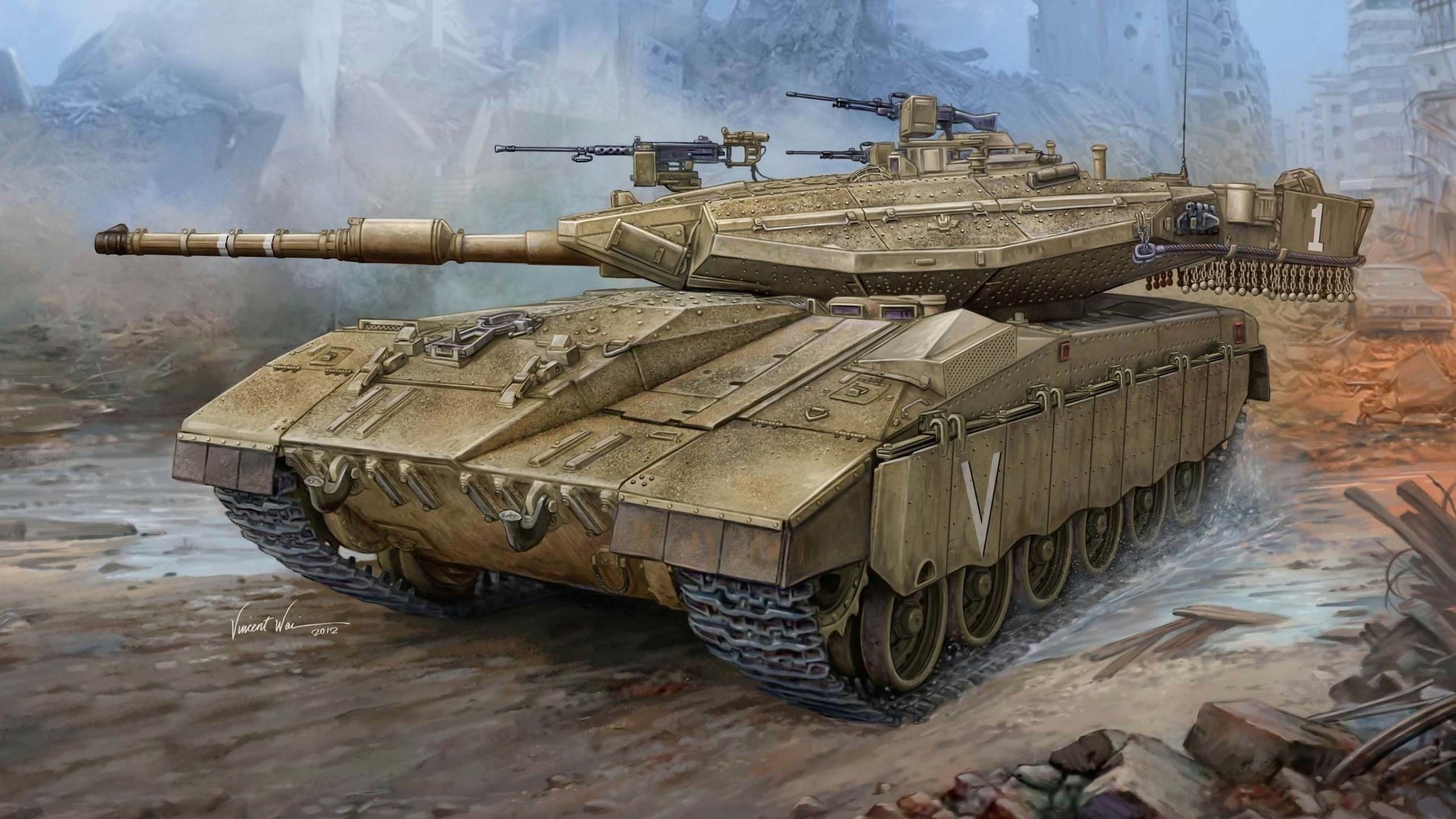 Merkava tank in a destroyed city HD Wallpaper