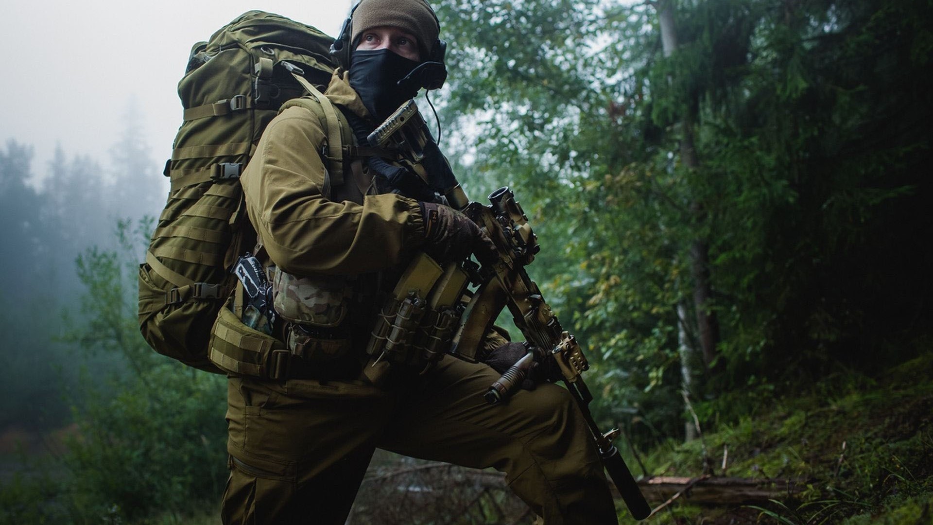 Soldier with backpack and rifle in forest HD Wallpaper