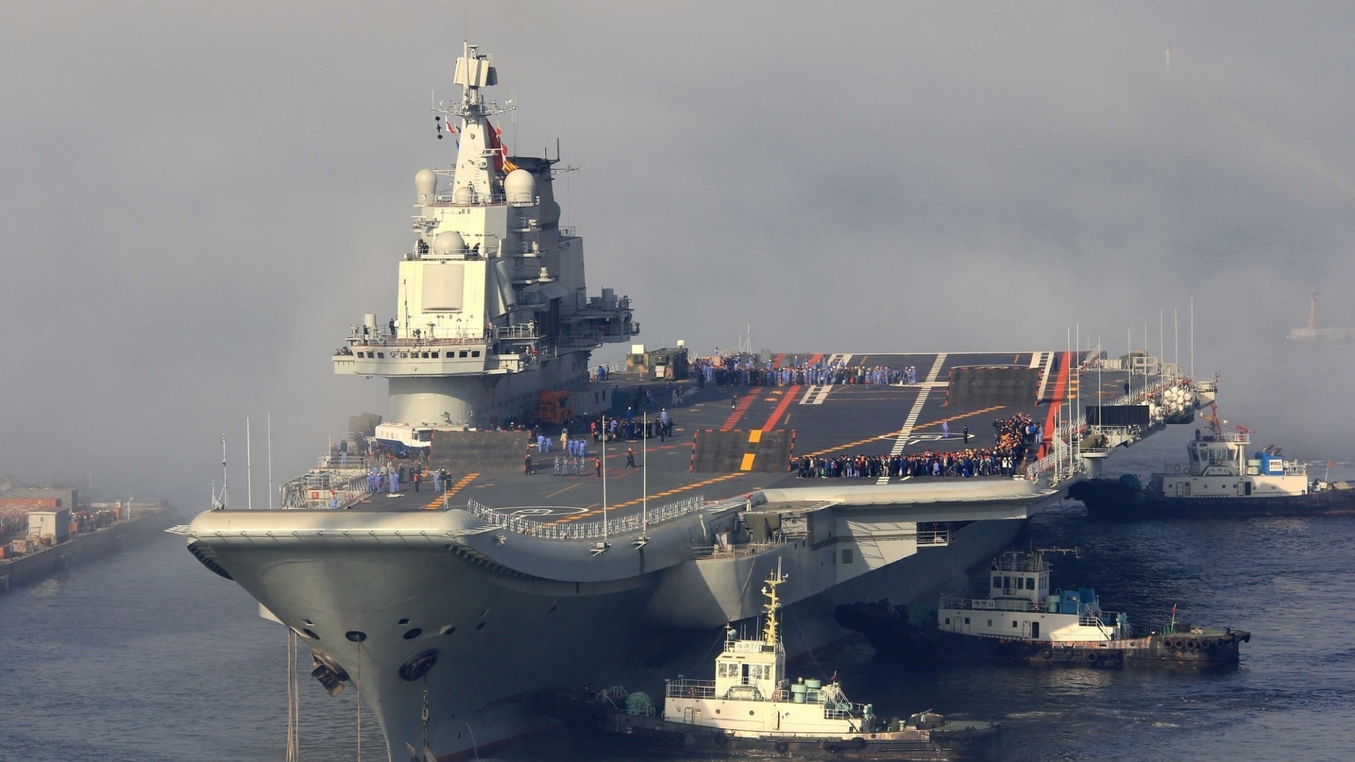 Chinese Aircraft Carrier Liaoning with Tugboats HD Wallpaper