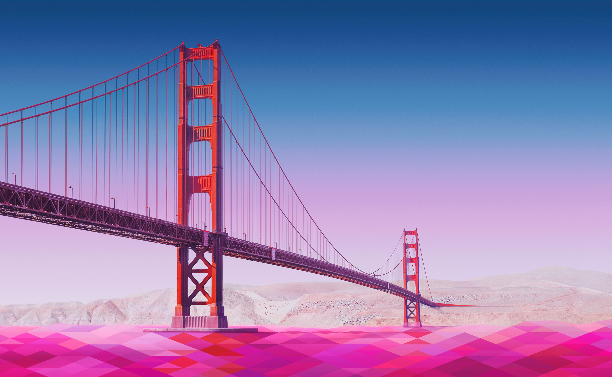 Golden Gate Bridge artwork with pink water HD Wallpaper