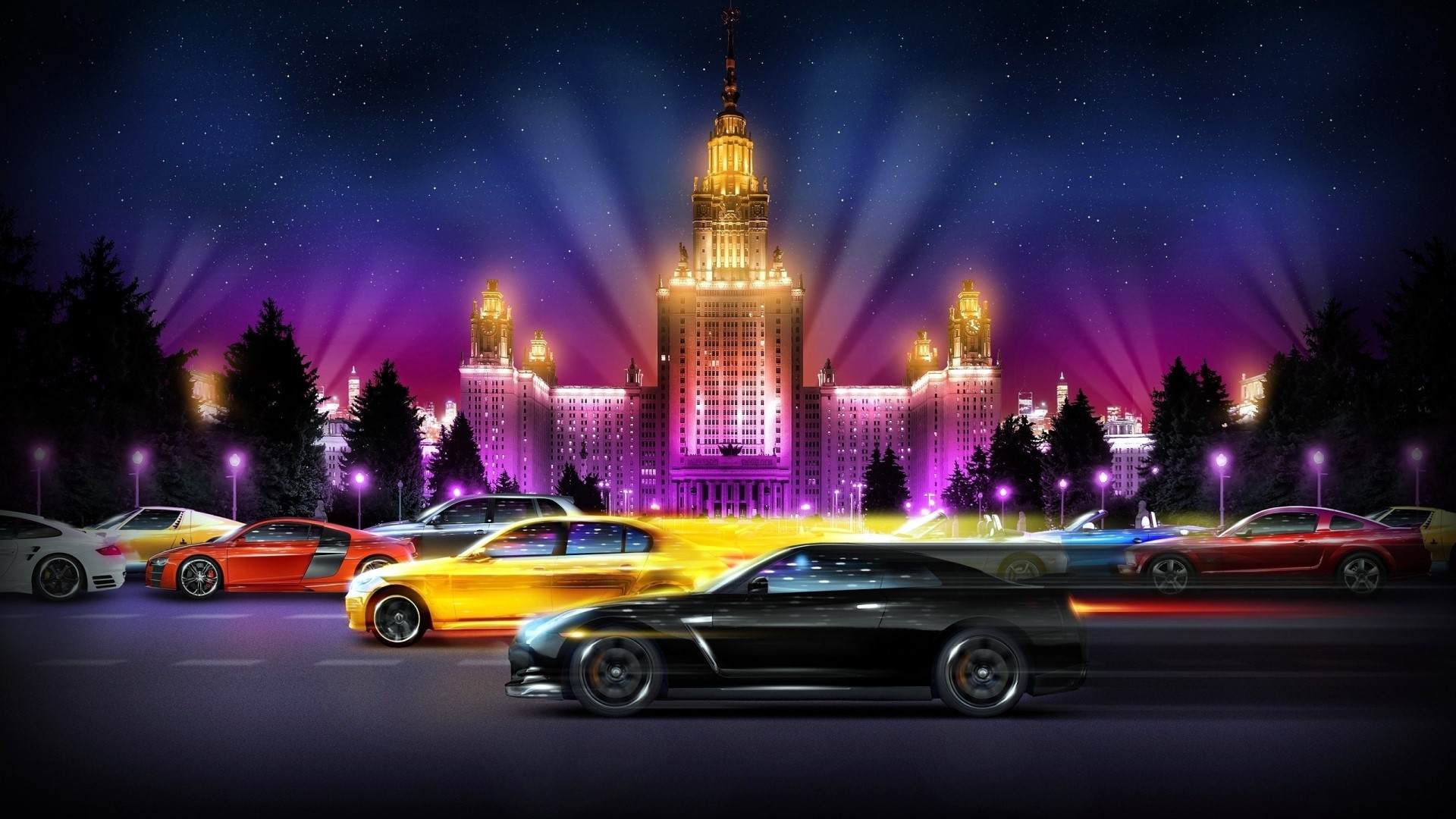 Sports Cars Racing at Night in City HD Wallpaper
