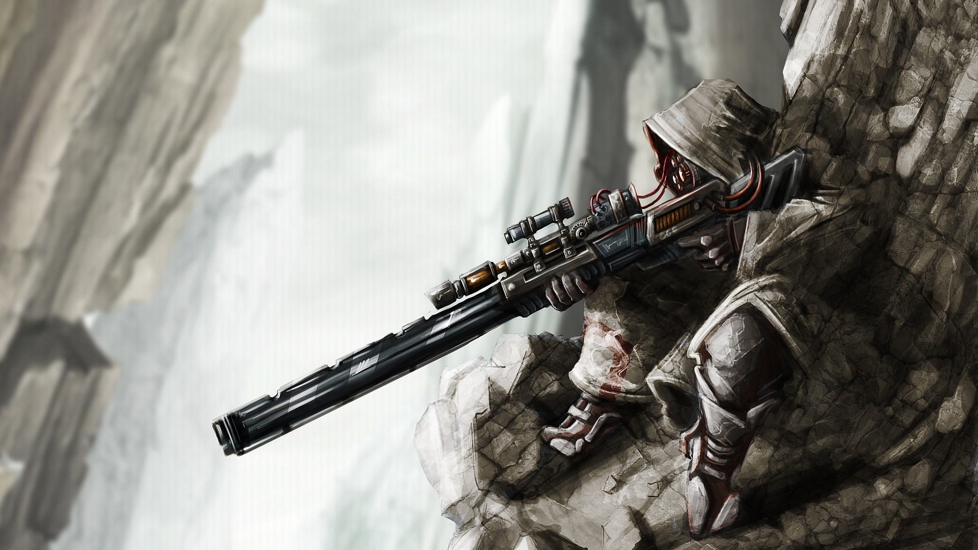 Military sniper with rifle on rocky terrain HD Wallpaper