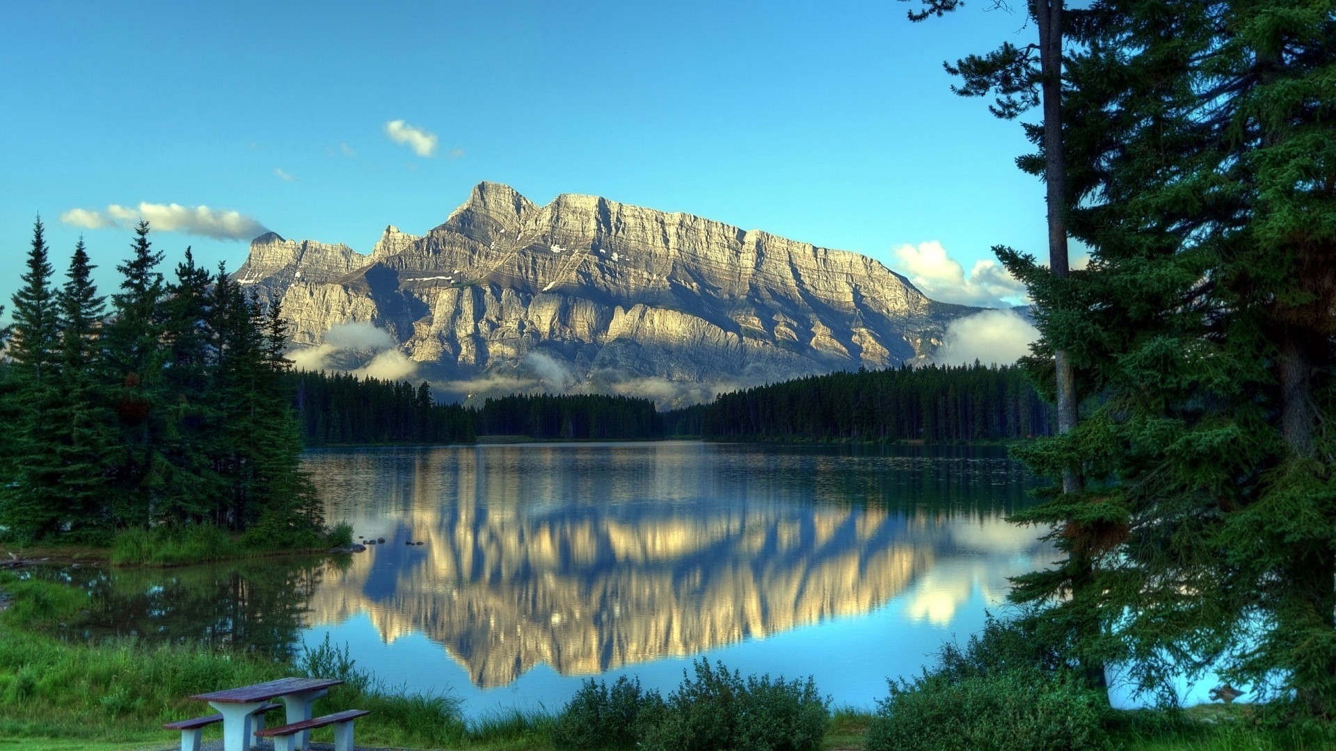 Two Jack Lake with Mountain Reflection HD Wallpaper