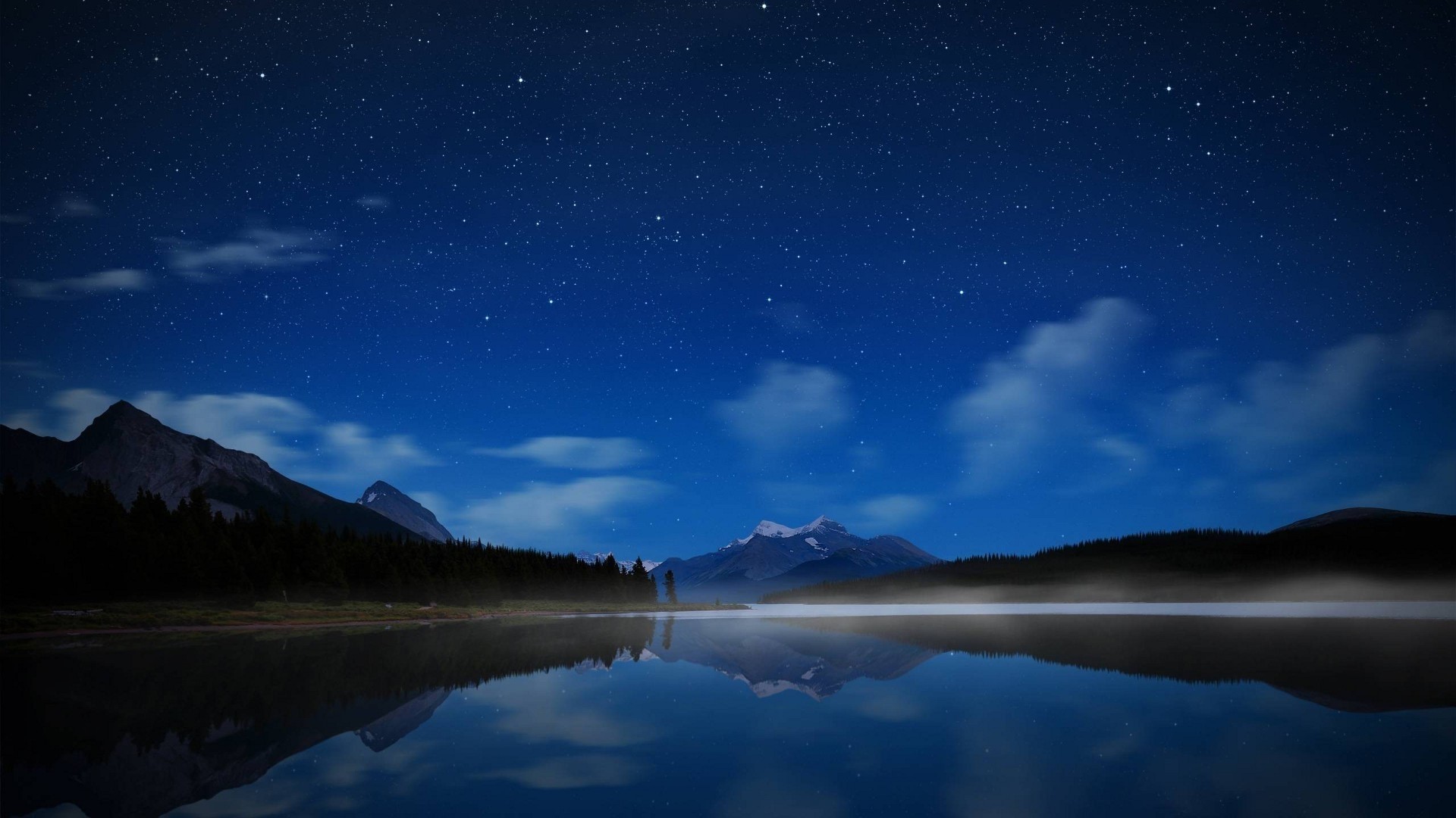 Night sky over mountains and lake HD Wallpaper