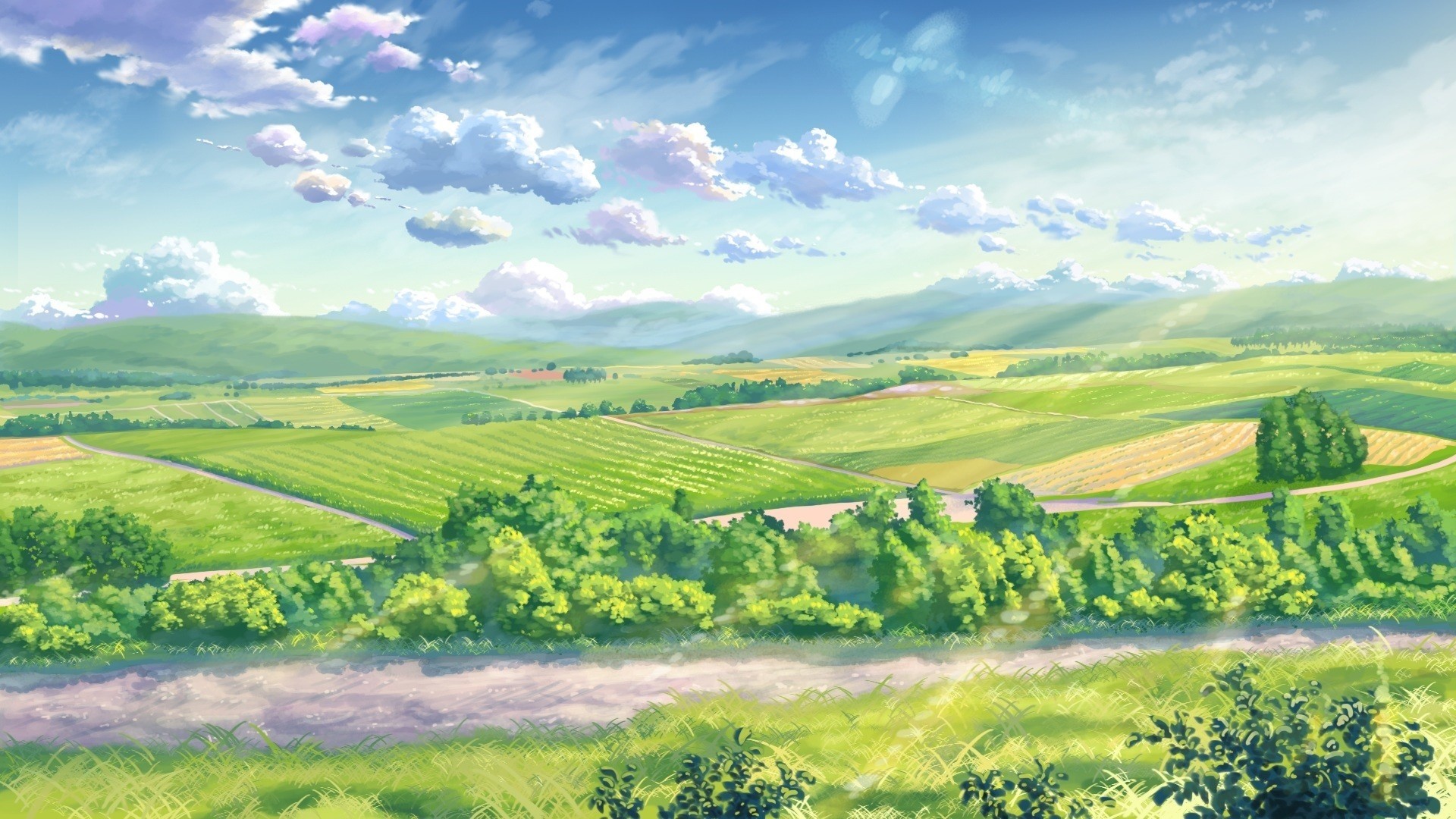 Painted landscape of rolling green hills and fields HD Wallpaper